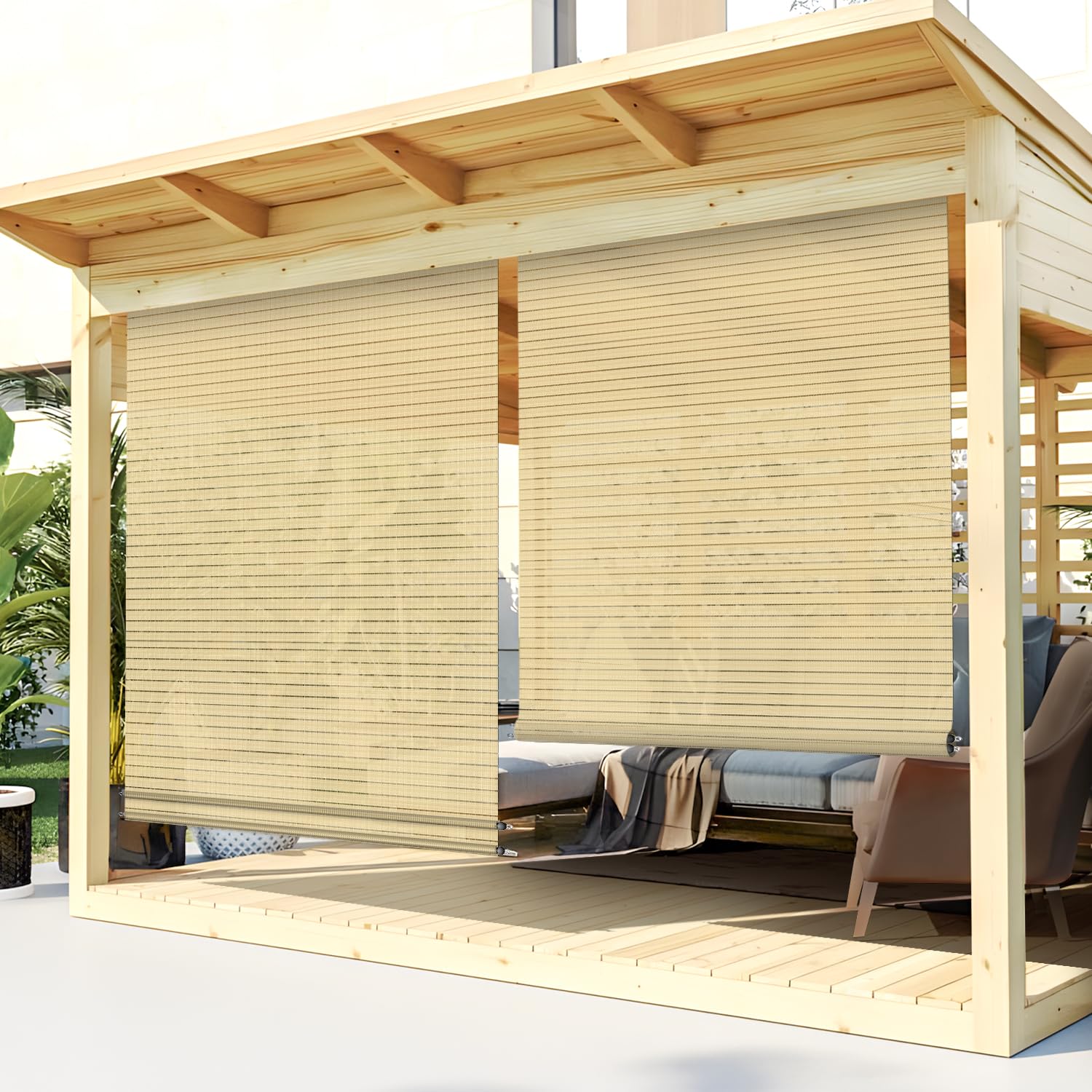 TANG Exterior Roller Shade Roll up Shade for Patio Deck Porch Pergola Balcony Backyard Outdoor Blinds Light Filtering Block UV Rays 4'W x 11.5'L Hollow Out Striped Beige