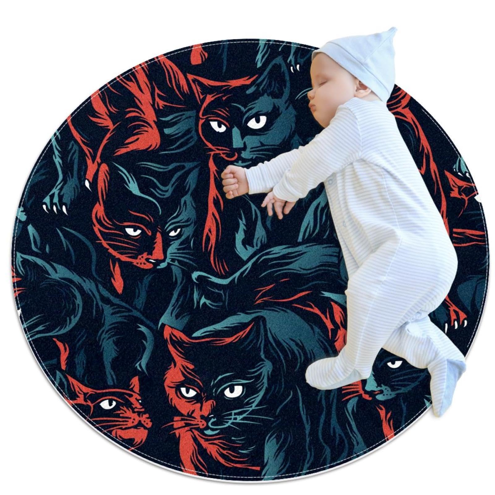Tapis de salle de bain chat noir et camomille rond de 1m antidérapant