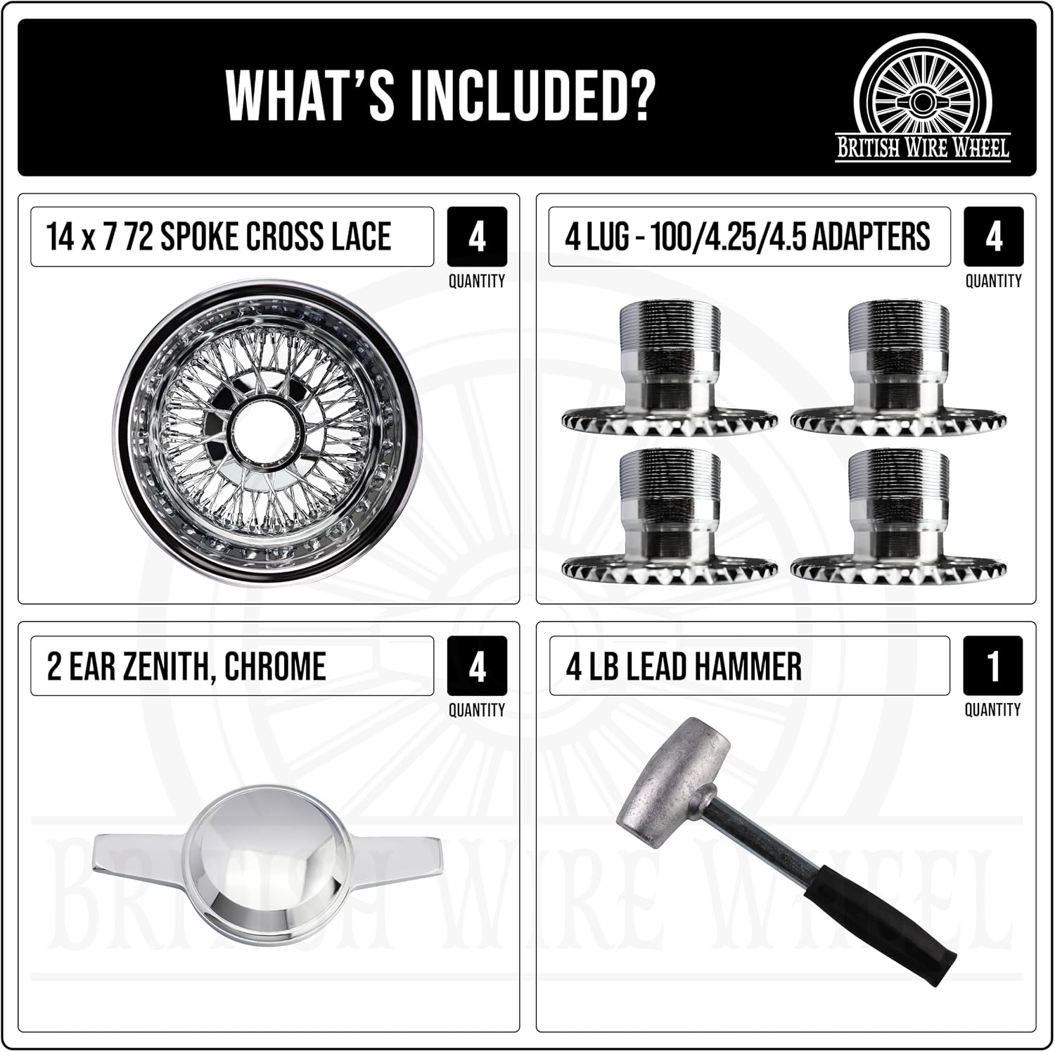 14x7 Reverse 72 Spoke Cross Lace Wire Wheels with Zenith Knock Off Spinner Caps + Chrome Adapters 4x100, 4x4.25, 4x4.5 | Chrome Deep Dish Lowrider Rims | Set of 4 + Lead Hammer