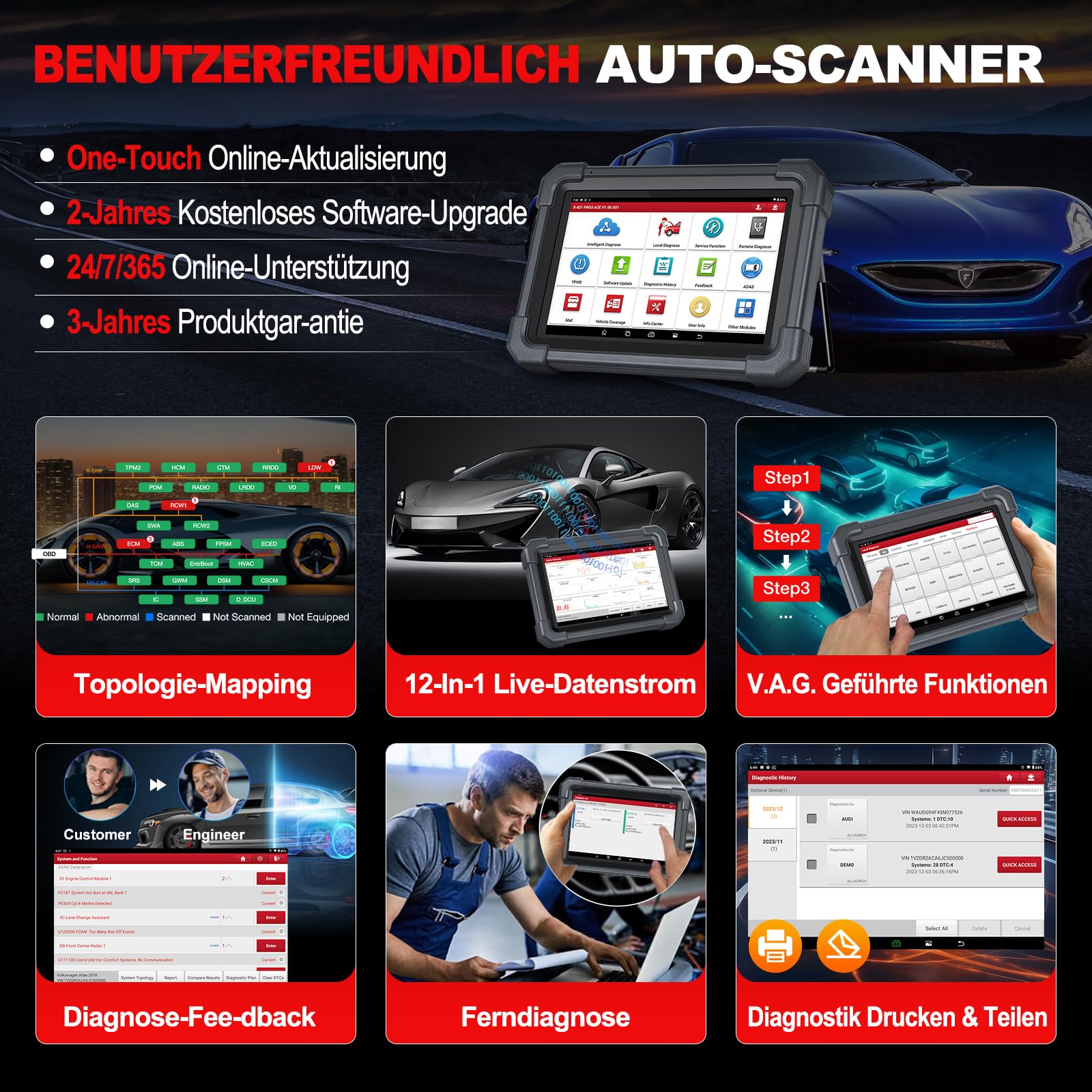 LAUNCH X431 PRO3 ACE OBD2 Auto Diagnosegerät mit DBScar VII,Kfz-Scan-Tool Topologie Mapping,Online-Codierung,CANFD&DoIP,55+Dienste,FCA,OBD1-Adapter-Koffer,10.1 Zoll