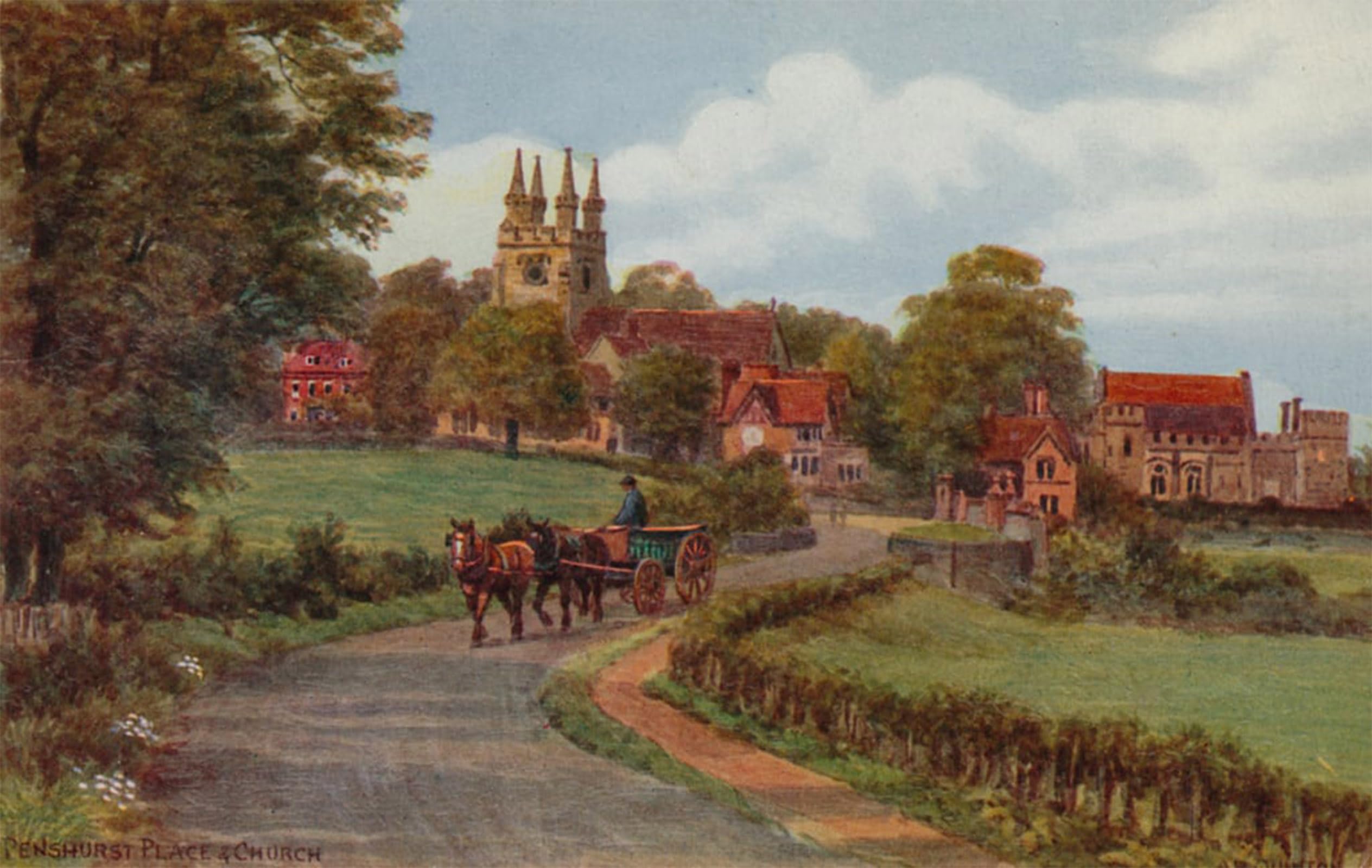 POSTERIIk Vintage Print Pop Art Landscape Artwork Penshurst Place and Church by Alfred Robert Quinton Art Prints for Office Home Decor 60x90cm