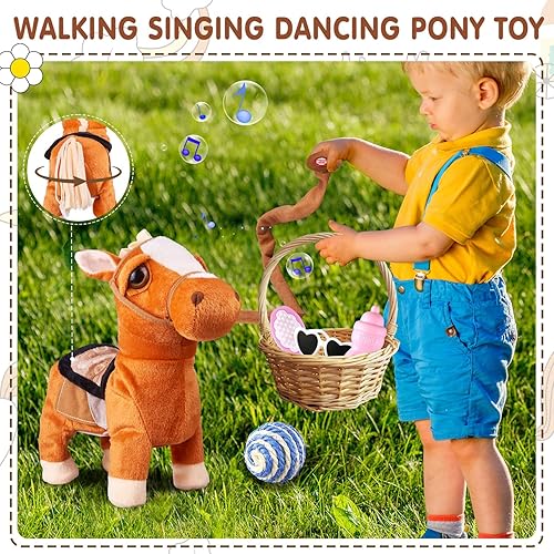 Miniatura 9 de Juguete interactivo de peluche de poni negro que canta bailando musical realista poni mascota, juguete de cabeza de caballo para niños y niñas,