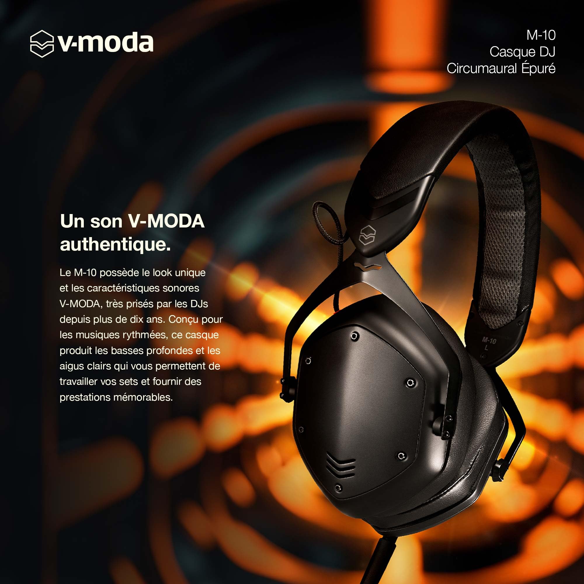 V-Moda M-10 | Casque circumaural épuré pour DJ | Conçu pour Les DJs et Les musiques rythmées | des Basses Profondes avec des aigus clairs | Ecouteurs en Mousse à mémoire de Forme | Structure fermée