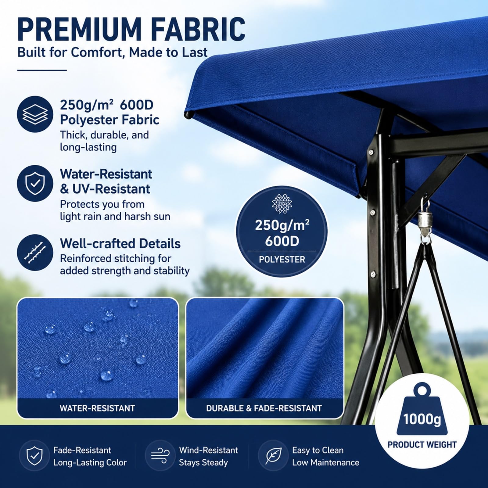 Tettuccio di Ricambio per Dondolo 3 Posti Impermeabile | Tessuto poliestere 600D 250g/m², resistente agli strappi, più taglie disponibili, 1 pezzo(Blue,75.20*47.24*8.66*6.69in)