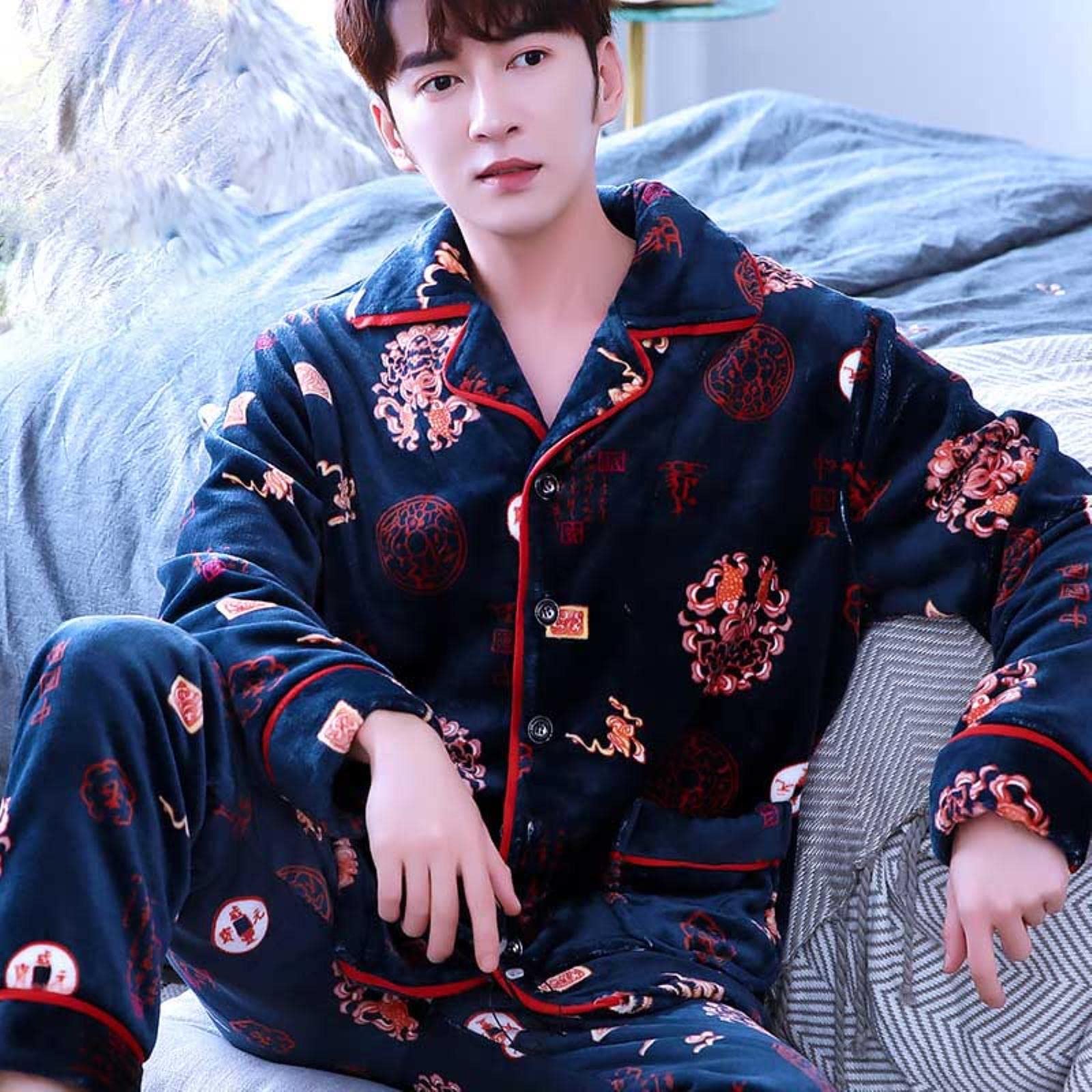 Uomini in pile di corallo set pigiama set autunno inverno morbido addensato cartone animato stampato in flanella sleep abbigliamento 2pcs/set top + pantaloni caldi abiti da casa-T,XXL(75-85KG)