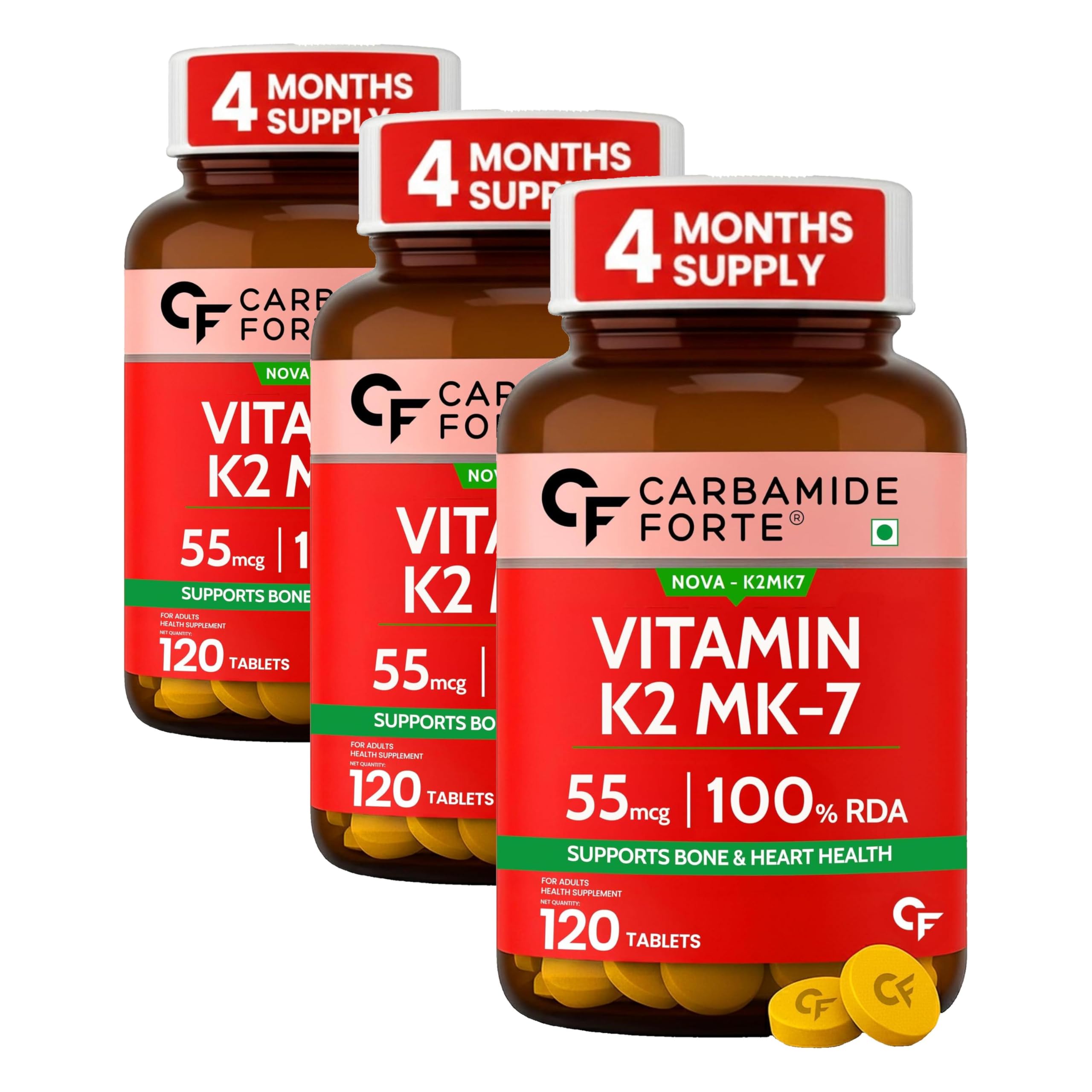 Vitamin k2 mk7 55 mcg | MK7 Form for Better Calcium Utilization | vitamin k2 supplement to Support Strong Bones & Heart Health for Men & Women | 120 Vegetarian Tablets (Pack of 3)