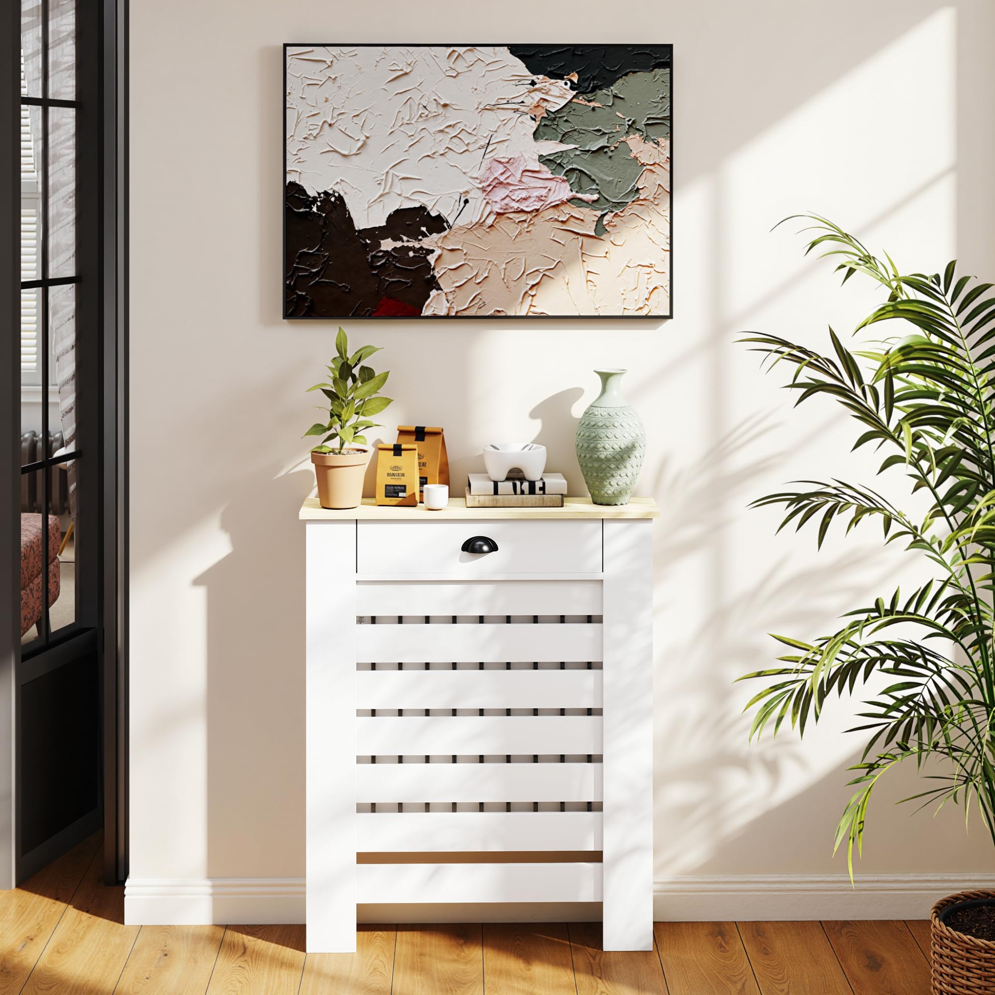 HOMCOM Cubre Radiadores con Cajón, Cubreradiador de MDF, 78x19x95,5 cm, Cubierta para Radiador, Diseño Moderno de Listones, para Salón, Dormitorio, Blanco