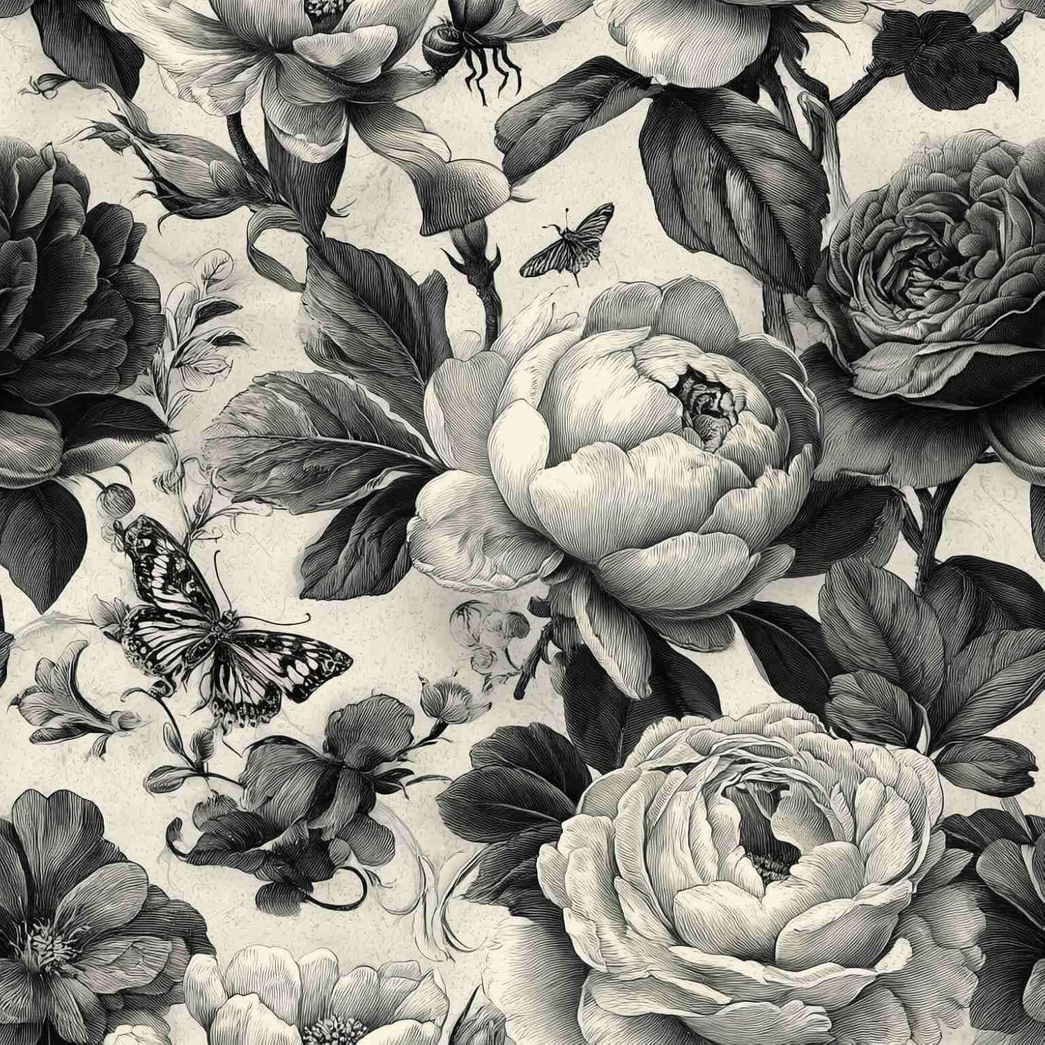 Vintage Engraved Floral Peel and Stick Wallpaper, (Black and Off-White) Gothic Retro Peony & Butterfly Pattern Wallpaper for Home Decor | 17.7" x 236", Self-Adhesive, Waterproof Vinyl