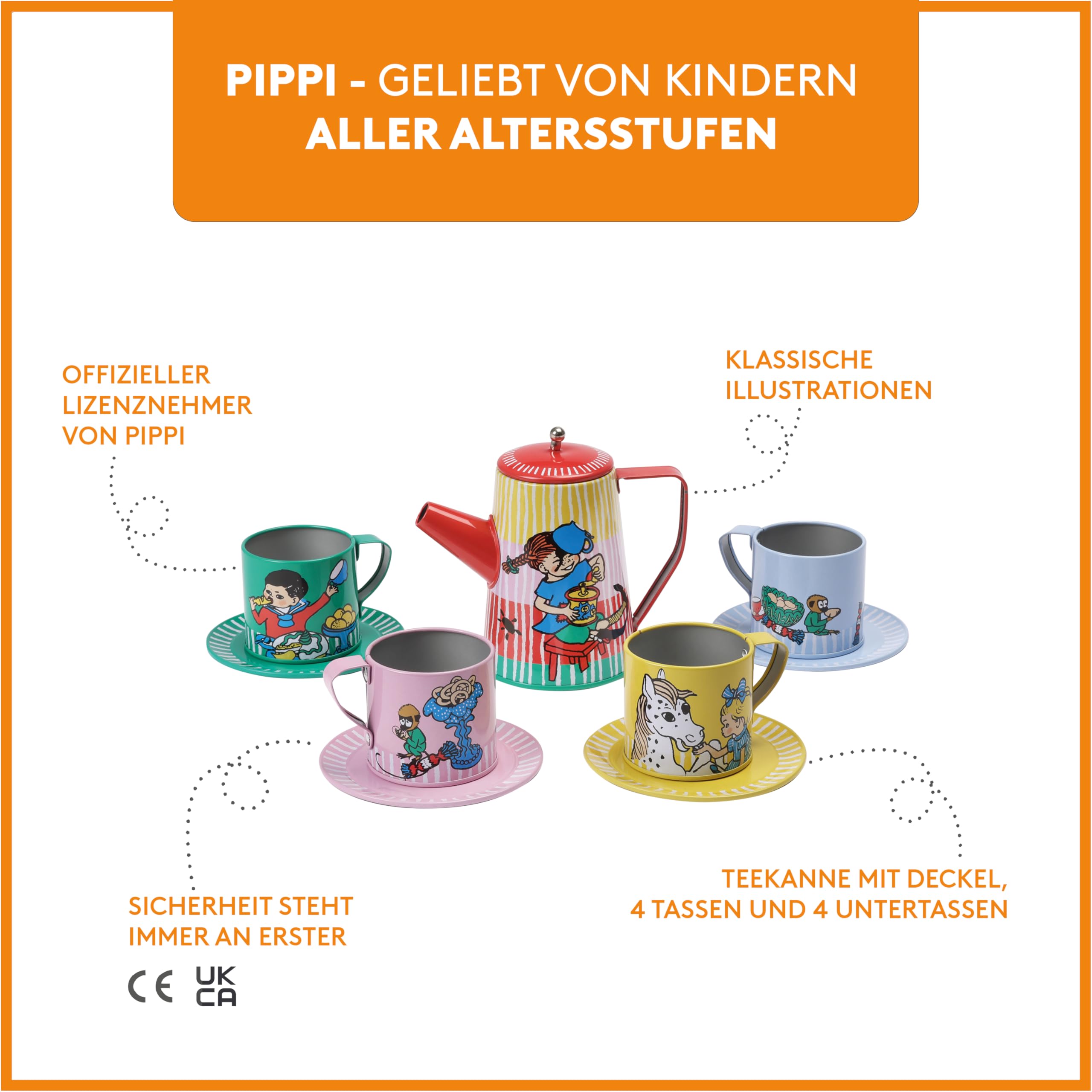 Pippi Kinderservice Spielzeug – Kaffee-Set für Kinder bestehend aus 10 Teilen – Rollenspiel Spielzeug – Offiziell Lizenziertes Pippi-Langstrumpf- Produkt – Perfekt für Kinder ab 3 Jahren