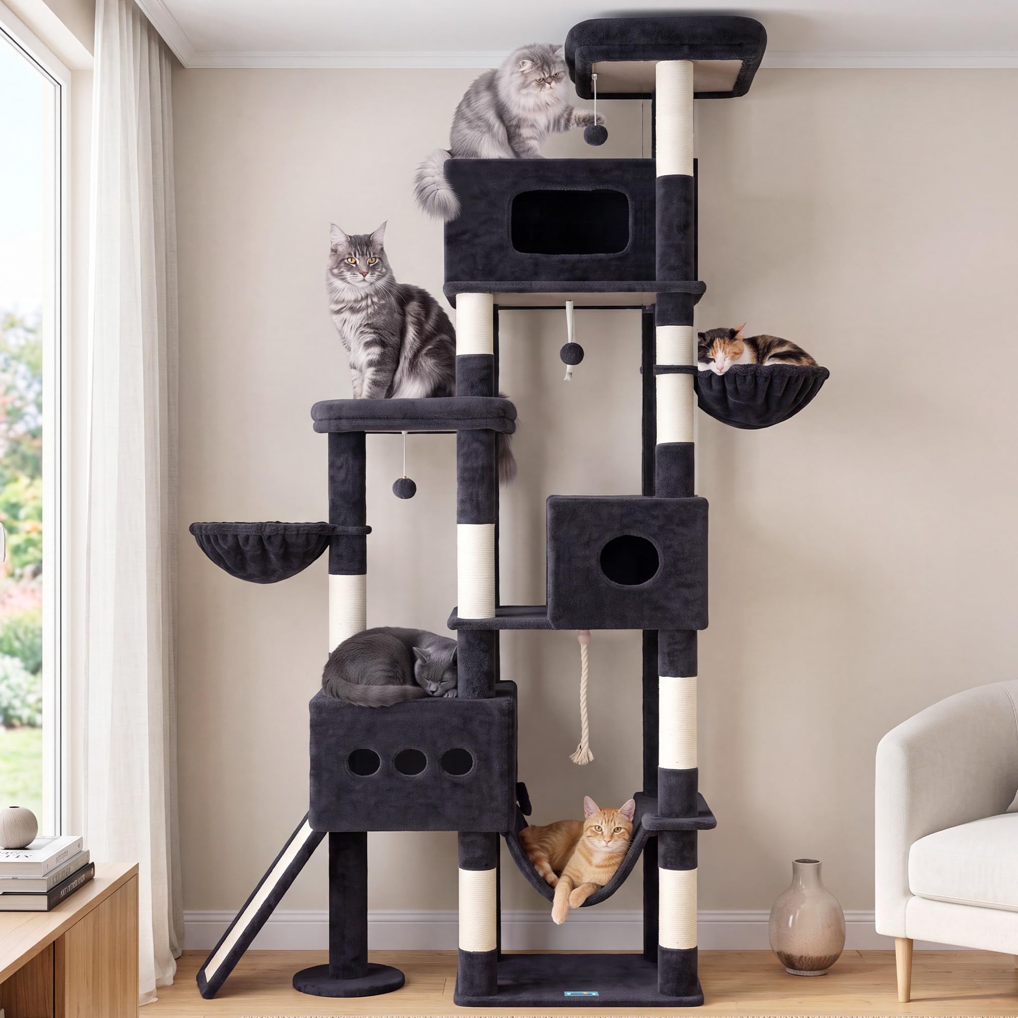 Gitelsnour Arbre À Chat 225 cm XXL – Arbre Stable pour Chats Grands, 3 Niches, 2 Paniers Suspendus, Hamac, Planche À Griffer, 2 Plates-Formes D'Observation, Socle Stable, Gris Foncé GCT808G