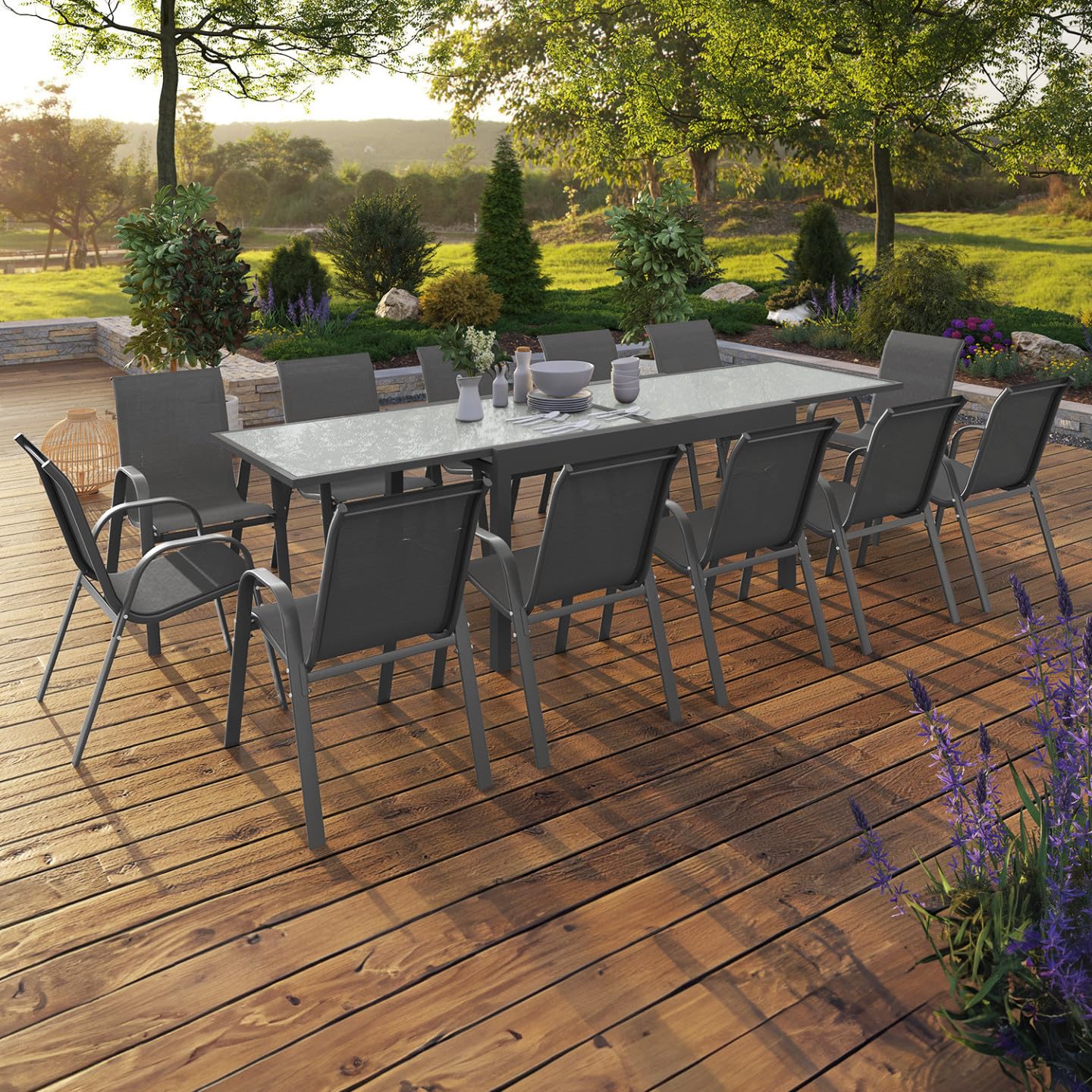 IDMarket - Salon de Jardin Madrid Table Extensible 135-270 CM et 12 chaises empilables Gris Anthracite