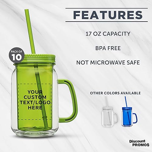 Miniatura 2 de Discount Promos Tarros Mason personalizados con pajilla, 17 onzas, juego de 10, paquete a granel personalizado, tarros de vidrio para avena durante