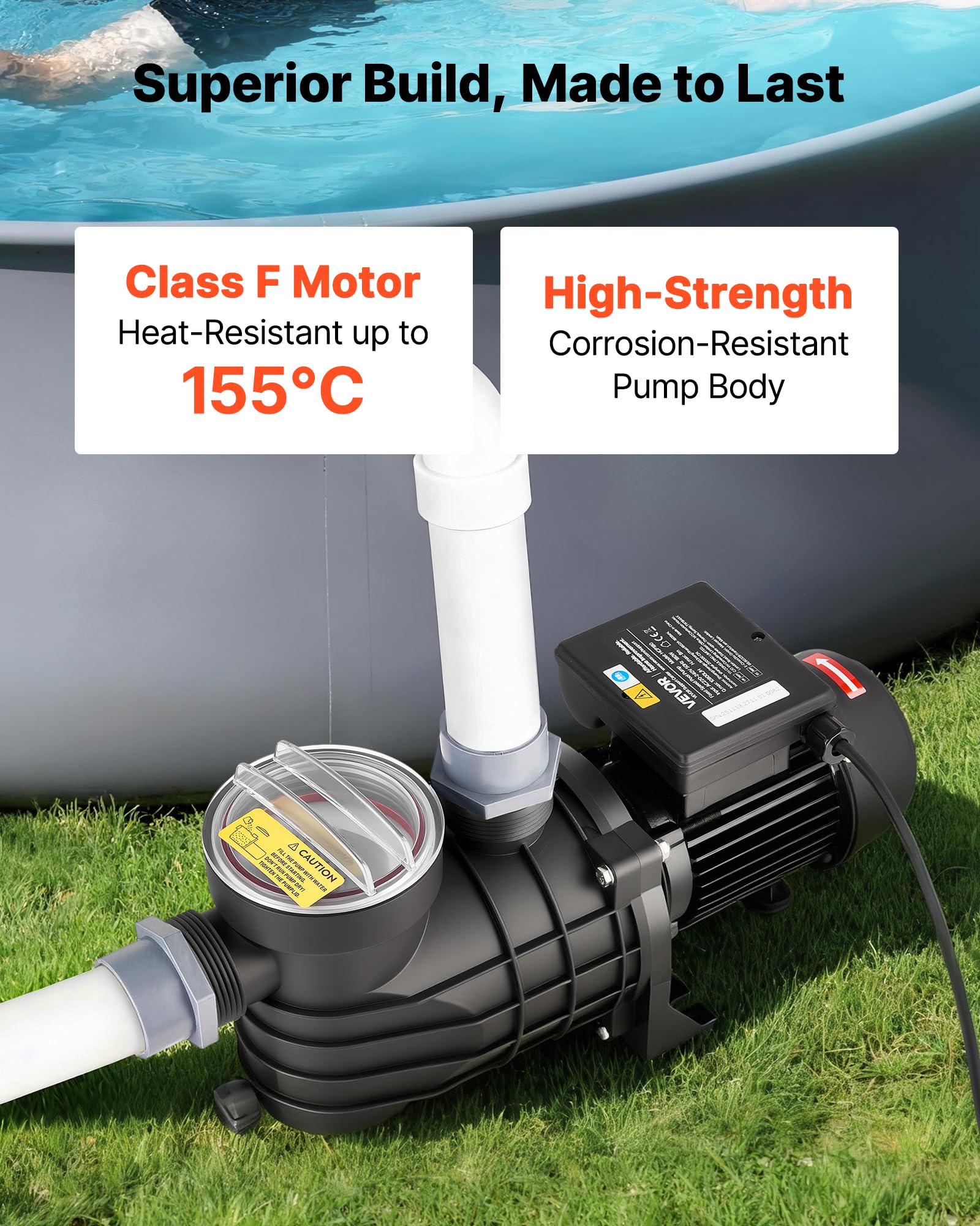VEVOR Bomba para Piscina Elevada 250 W Caudal Máximo de 11.700 L/H Bomba de Filtración para Piscina de Una Sola Velocidad, CA 220-240 V 2850 RPM, Altura de Elevación Máxima de 8 m, con Filtro y Tapa
