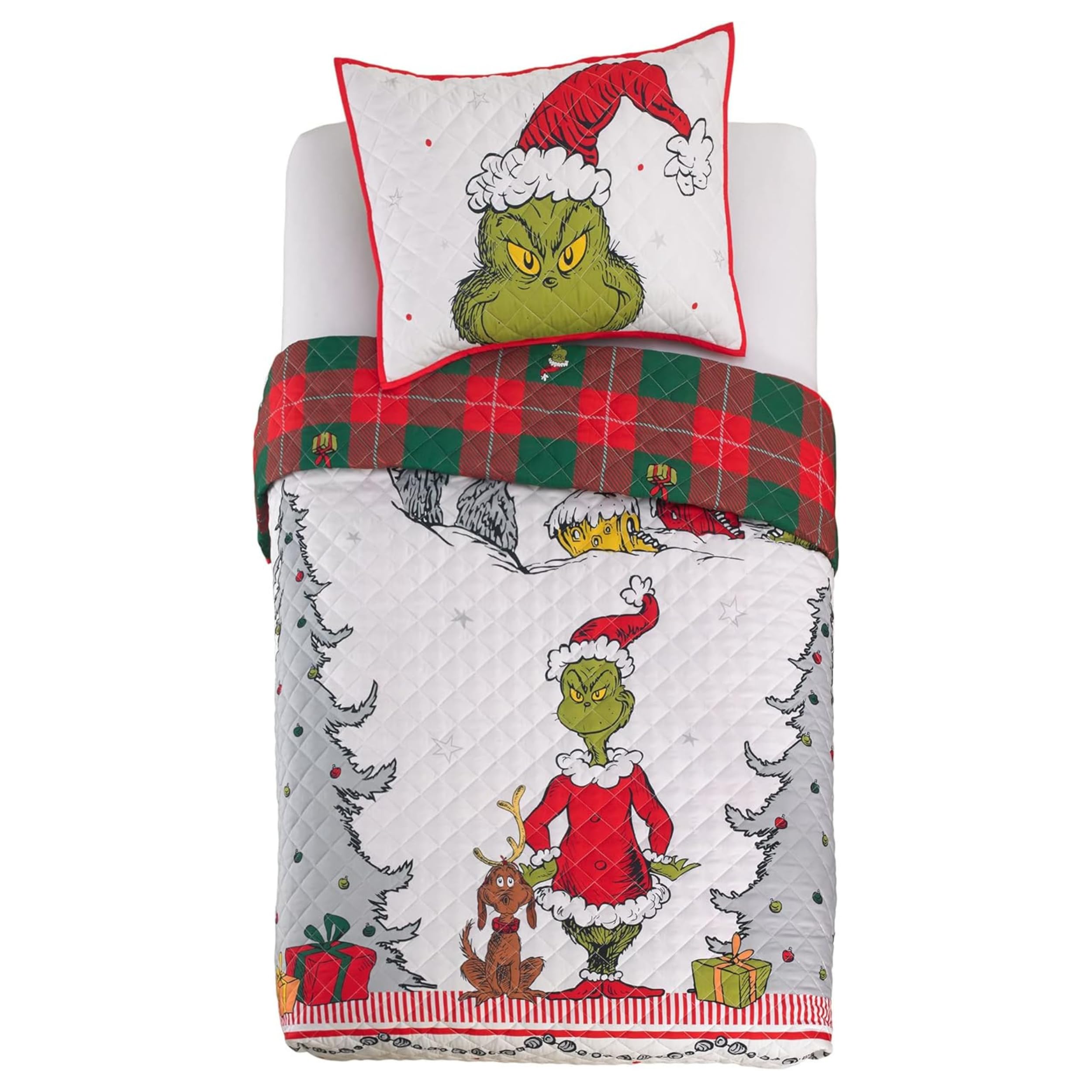 Franco Grinch by Dr. Seuss Holiday Bedding Super Soft Pillow Sham and Quilt Set, Full/Queen Size 76 x 86, (Official Dr. Seuss Product) by