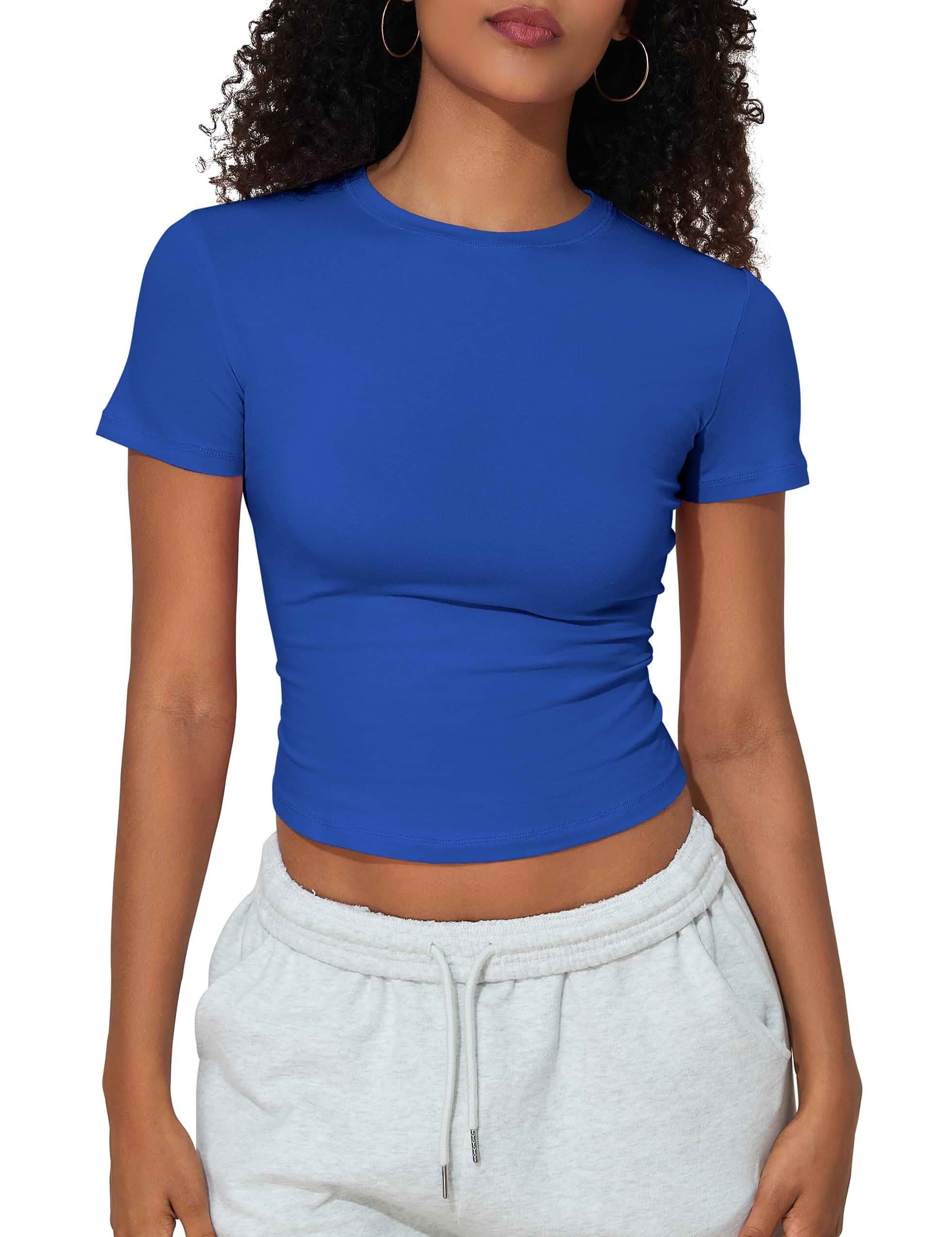 kayamiya Womens Basic Short Sleeve Cotton T Shirts Y2k Baby Tee Crop Tops Cute Casual Summer Tees, Versatile Solid Going Out Tops, Soft Comfort Crew Neck Slim Fit Trendy Tees