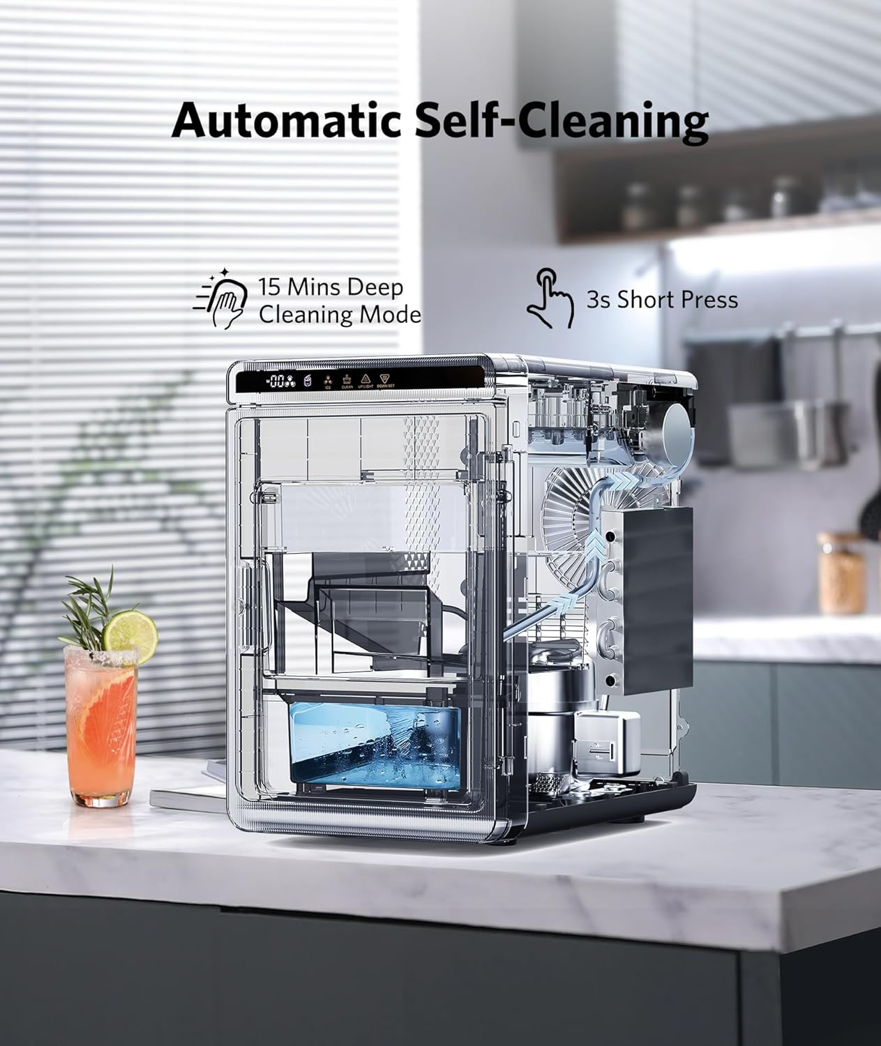 1.6" Crystal Clear Ice Maker Countertop-Produces 9 Clear Cubic Ice per Hour, 24H Timer, Self-Cleaning Countertop Ice Cube Maker with 5 Ice Cube Sizes for Whiskey & Cocktails, ETL Listed