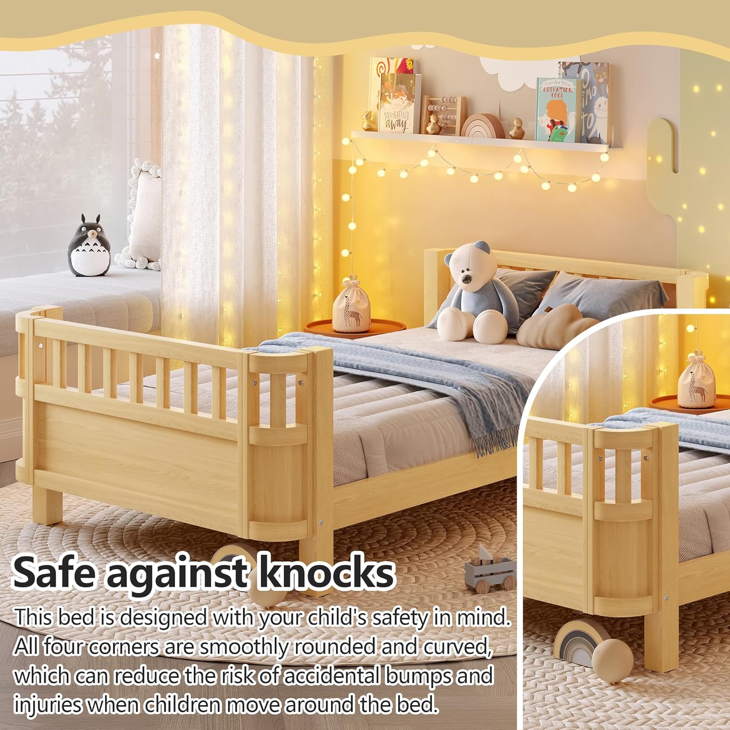 Harper & Bright Designs Twin Size Kids Bed Frame with Detachable Fence, Solid Wood Montessori Bed with Safety Rails, Kids DayBed with Rounded Corners for Boys, Girls, Natural