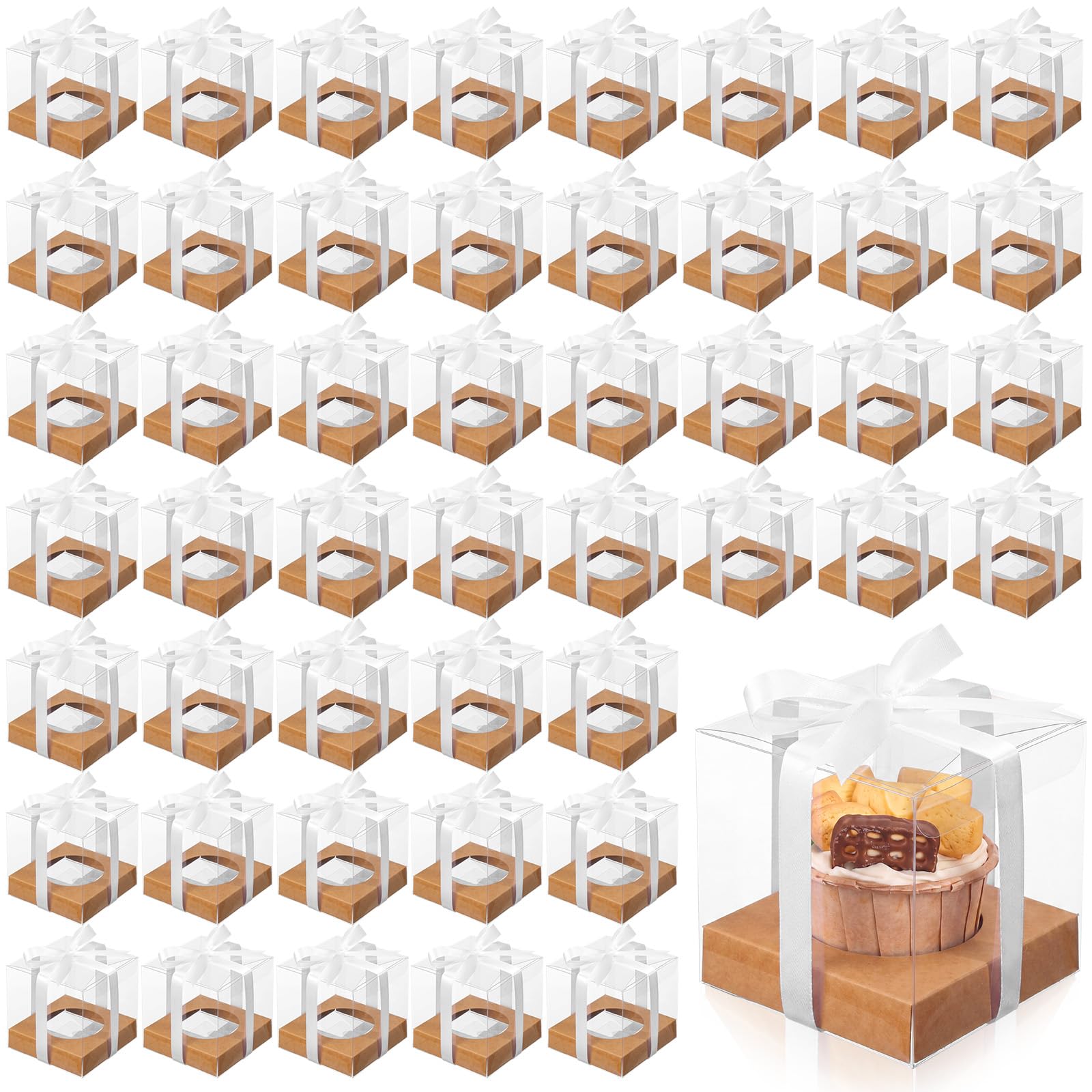 Thenshop 50 Pcs Clear Cupcake Boxes Individual 3.5 Inch, Kraft