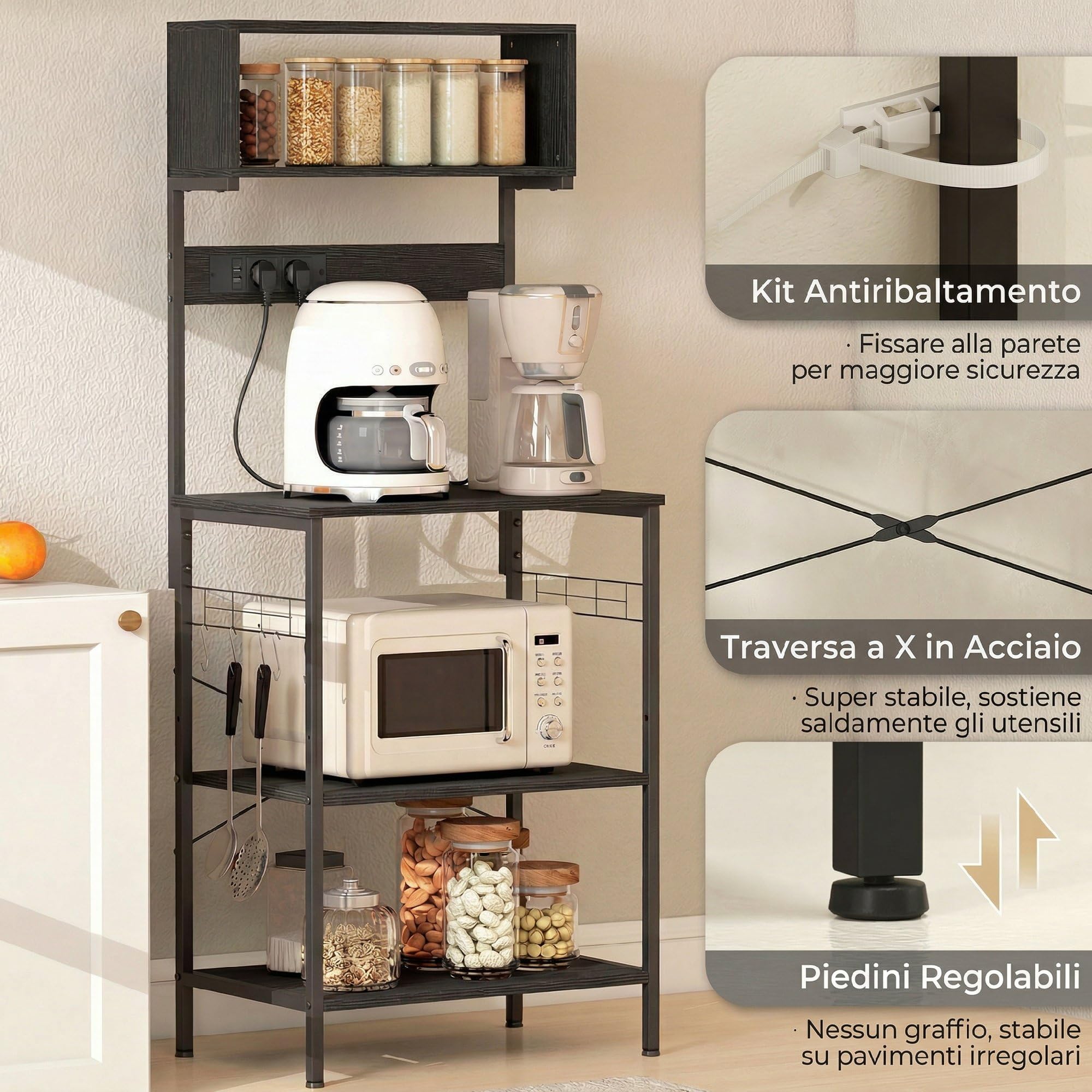 HOMCOM Scaffale da Cucina con Multipresa, Scaffale per Microonde con Ripiani e Ganci Stile Industriale, Mobile Cucina Vintage con Struttura in Acciaio, 60x42x153cm, Nero
