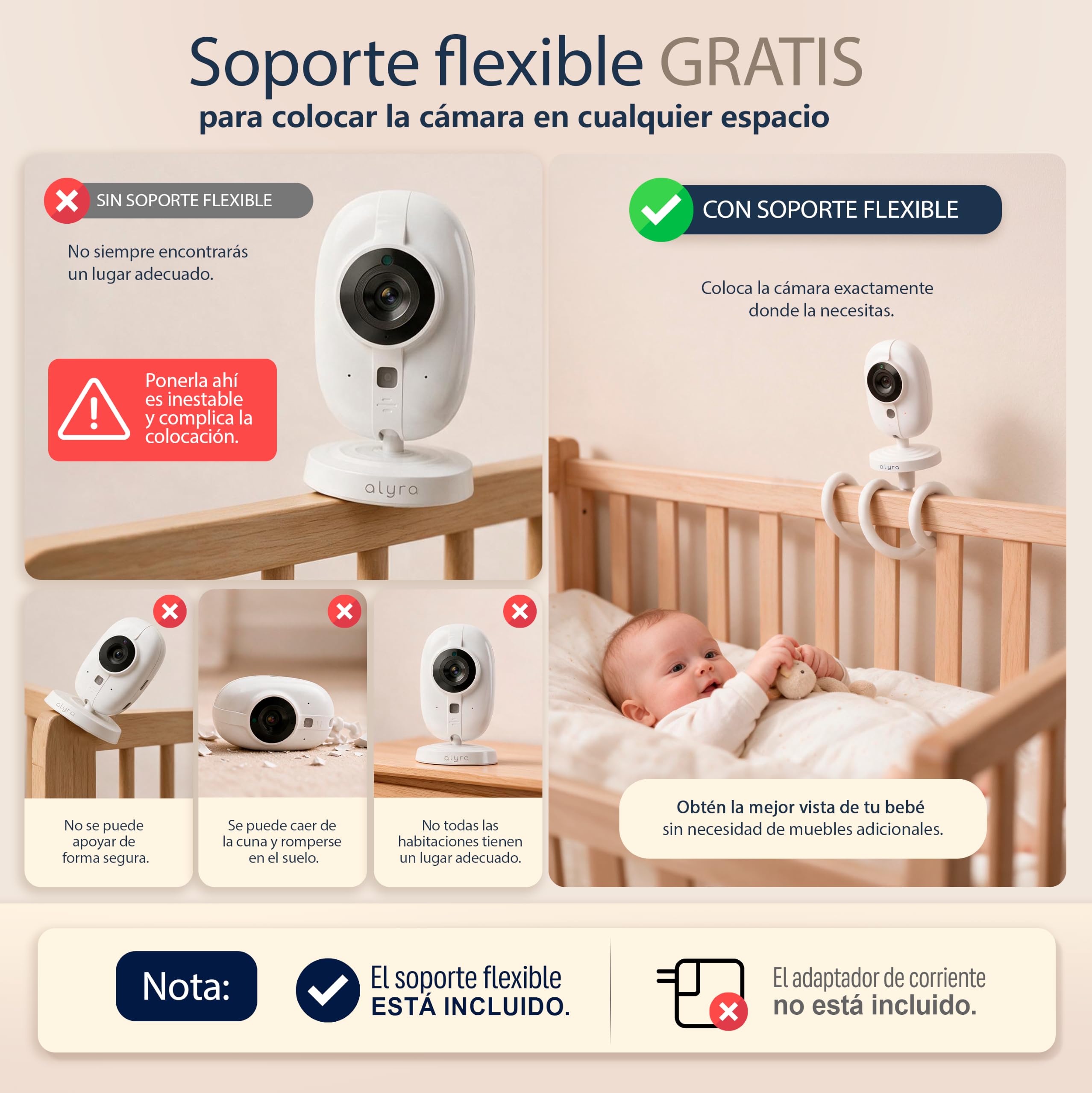 ALYRA® Super Pack De Camara Vigilancia Bebe 720pHD + Soporte Camara Vigilancia Bebe Premium | Baby Monitor 3,5" | Camara Bebe con Tecnologia VOX +100h Bateria | Sin WiFi | Vigilabebes con Camara