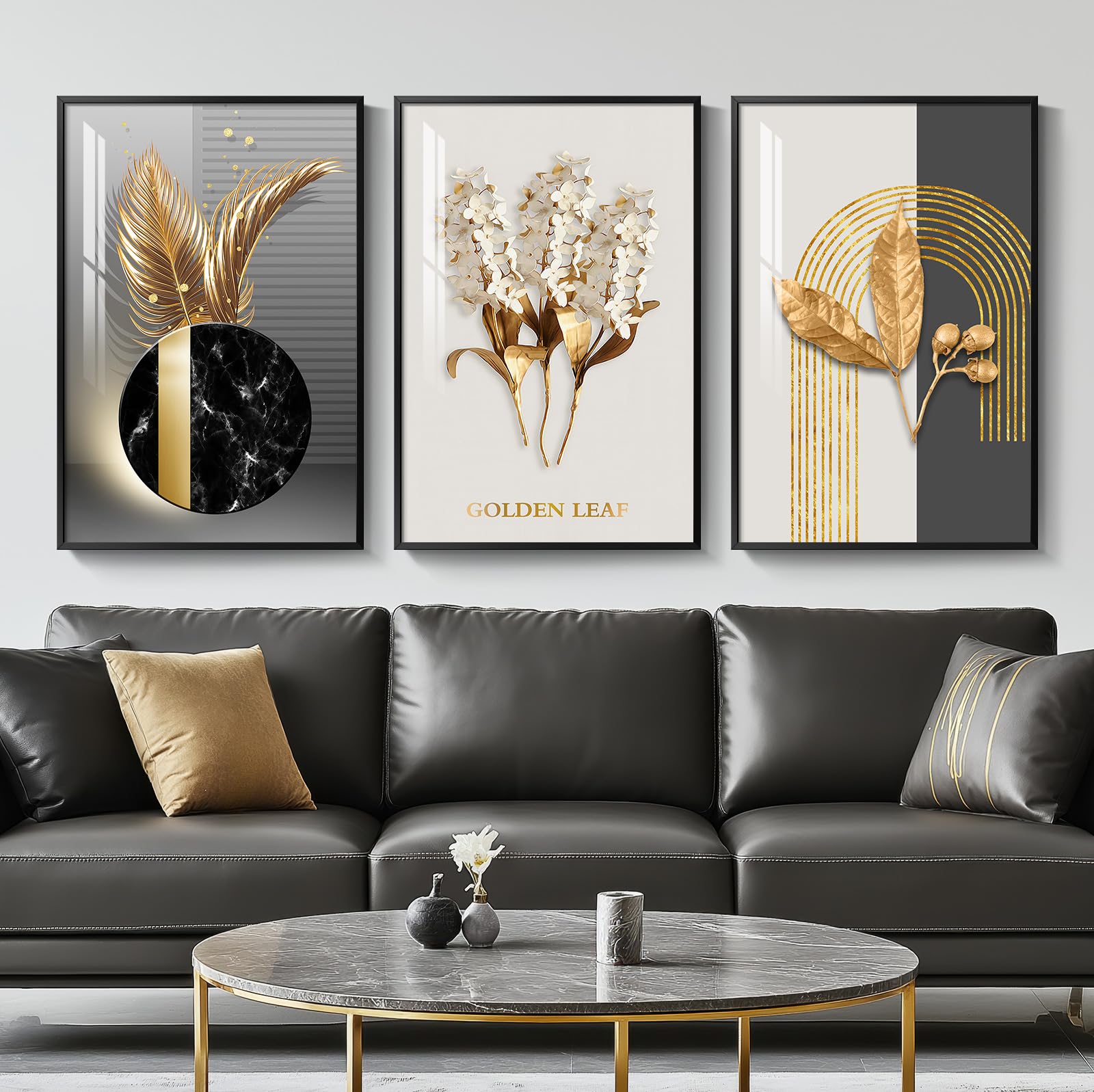 Framed Black and White Modern Luxury Wall Art, 3 Pieces Large Contemporary Prints Paintings Artwork for Walls, Set of 3 Golden Leaf Pictures for Living Room, Hallway, Bedroom, Office Wall Decor 16x24 Inch