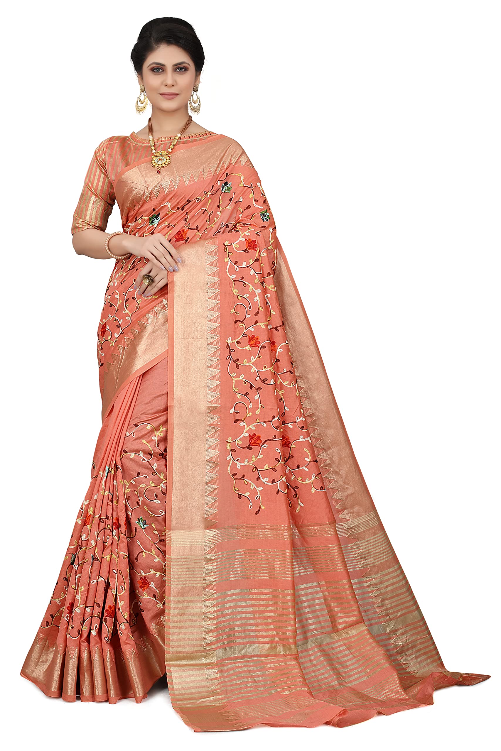 SERONA FABRICS Damen Assam Baumwolle Seide mit goldenem Rand Garn bestickt Banarasi Saree mit Bluse Stück