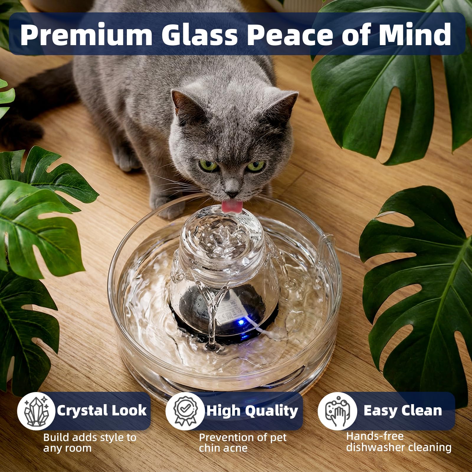 Fuente de vidrio para mascotas, fuente de agua para gatos de 2,6 L