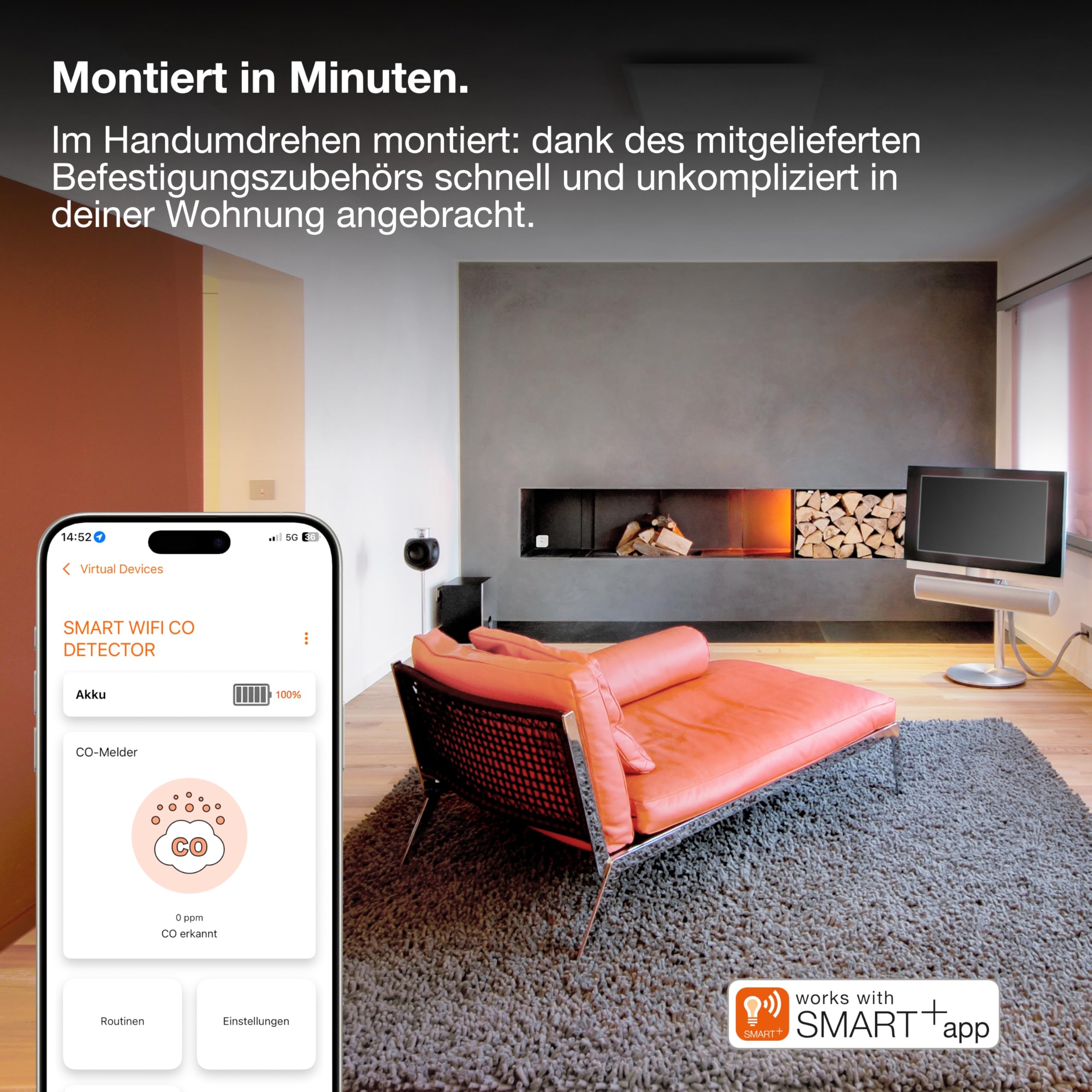 OSRAM SMART+ WiFi Kohlenmonoxidmelder in Weiß, 1er-Pack, EN 50291, IP20-Schutz, für den Innenbereich geeignet