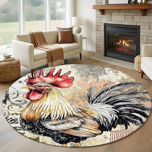 Miniatura 10 de 3ft Round Rug, Retro Rooster Non-Skid Rubber Backing Large Area Rugs - Living Room Bedroom Home Office, Pastoral Animals Watercolor Indoor Floor