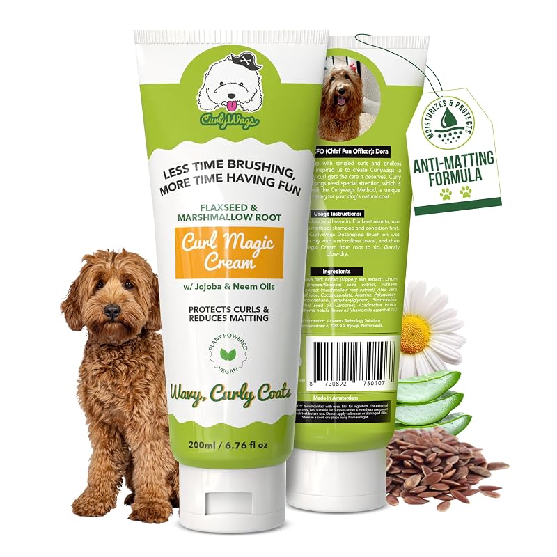 Condicionador Leave-In Desembaraçante para Cães de Pelagem Cacheada e Ondulada CurlyWags com Camomila, 200 mL