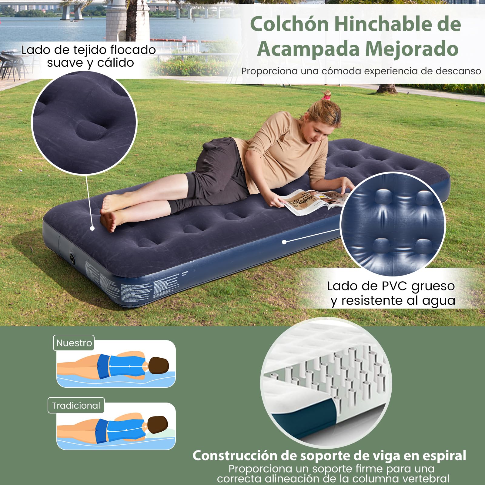 COSTWAY Tienda de Campaña para 1/2 Persona, 5 en 1 Tienda Camping con Cama Plegable Camping, Colchón de Aire, Almohada, Saco de Dormir, Tienda Iglú Impermeable Bolda de Transporte