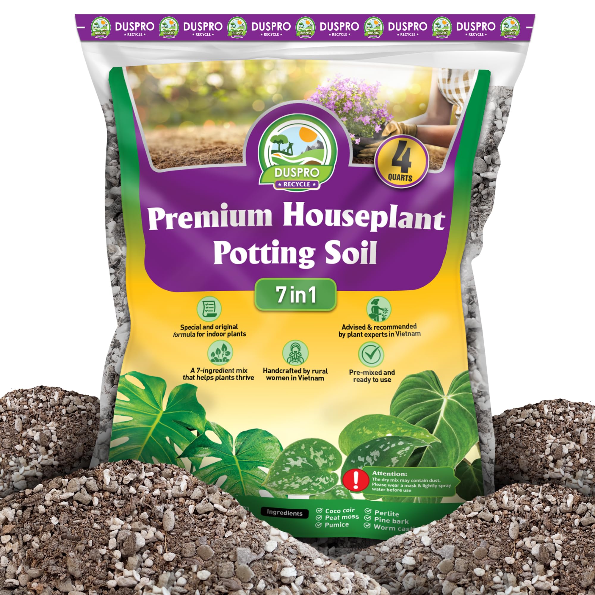 DUSPRO Recycle Pre-Mixed House Plant Potting Mix 7in1 with Potting Soil Indoor Plants, Tropical Indoor Potting Soil with Pine Bark, Pumice, Coco Coir, Perlite, Worm Castings, Gypsum, Peat Moss 4QRT