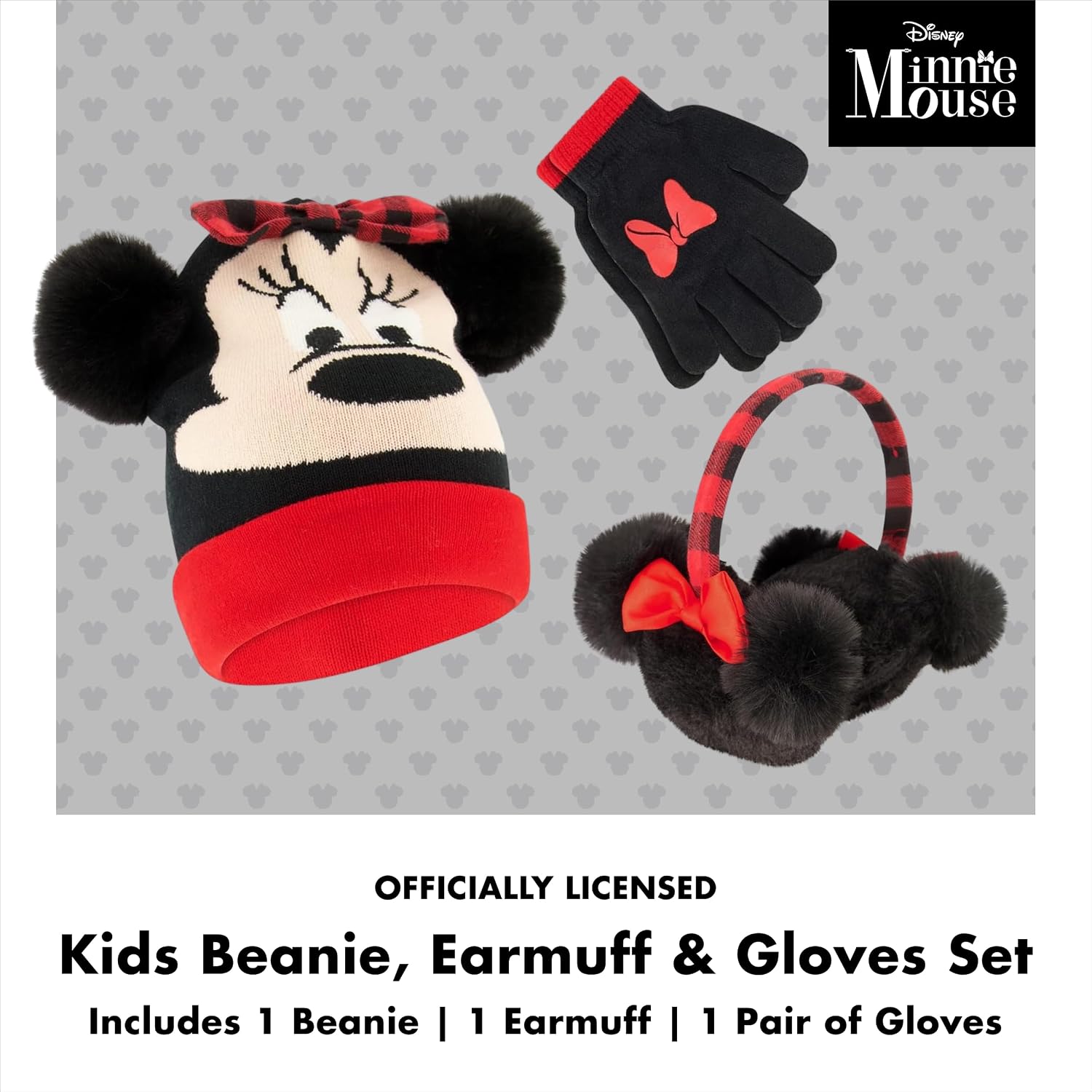Disney Girls Winter Hat, Earmuffs And Kids Gloves Set, Minnie Mouse For Ages 4-7