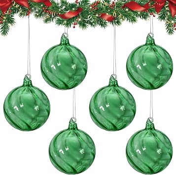 6PCS 3.15-Inch Hand-Blown Glass Hanging Christmas Tree Ornaments Clear Glass Balls for Holiday Decor Elegant Vintage-Style Hanging Ornament Set for Tree, Garland, or WindowGreen