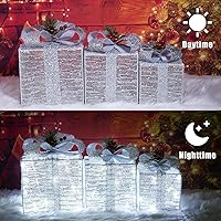 Vista 3 de Juego de 3 cajas de regalo iluminadas de Navidad, cajas de regalo preiluminadas con 60 LED, cajas de regalo plateadas con luces blancas