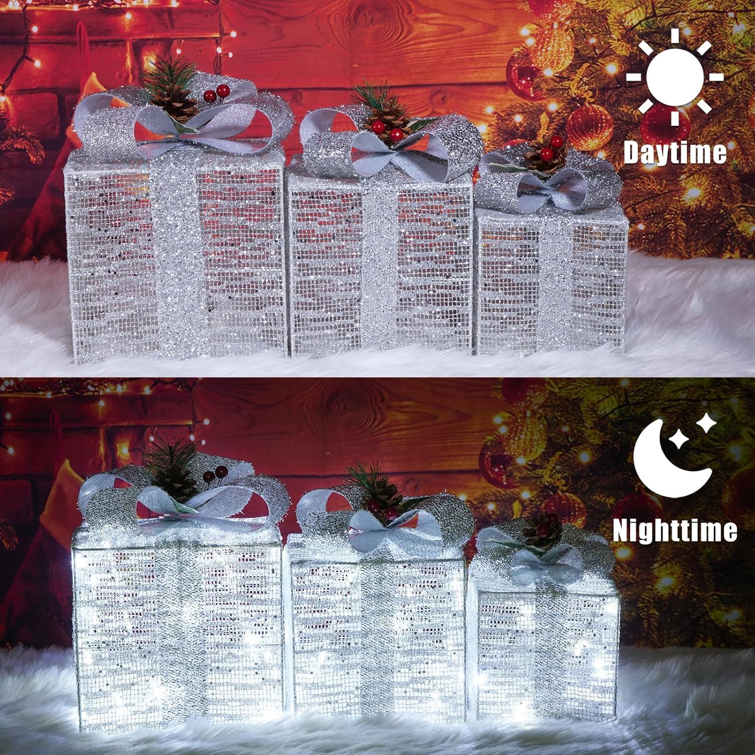 Lot de 3 boîtes cadeaux de Noël lumineuses pré-éclairées à 60 DEL avec lumières blanches, décorations de Noël à piles pour intérieur, maison, fête, décoration de pelouse
