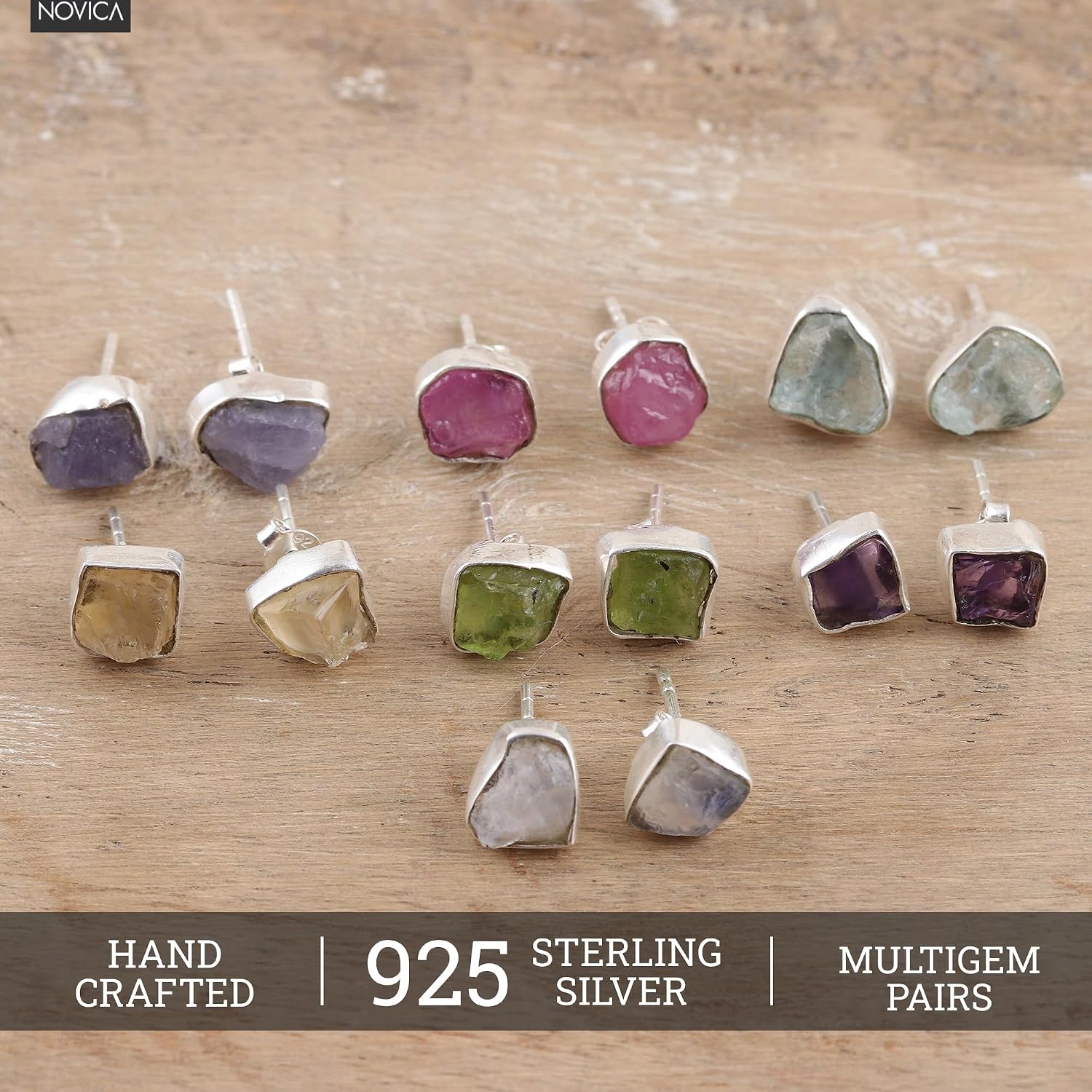 NOVICA Artisan Handmade Gemstone Stud Earrings India Sterling Silver Multigem Apatite Amethyst Peridot Citrine Chakra 'Yoga Delight' (set of 7)