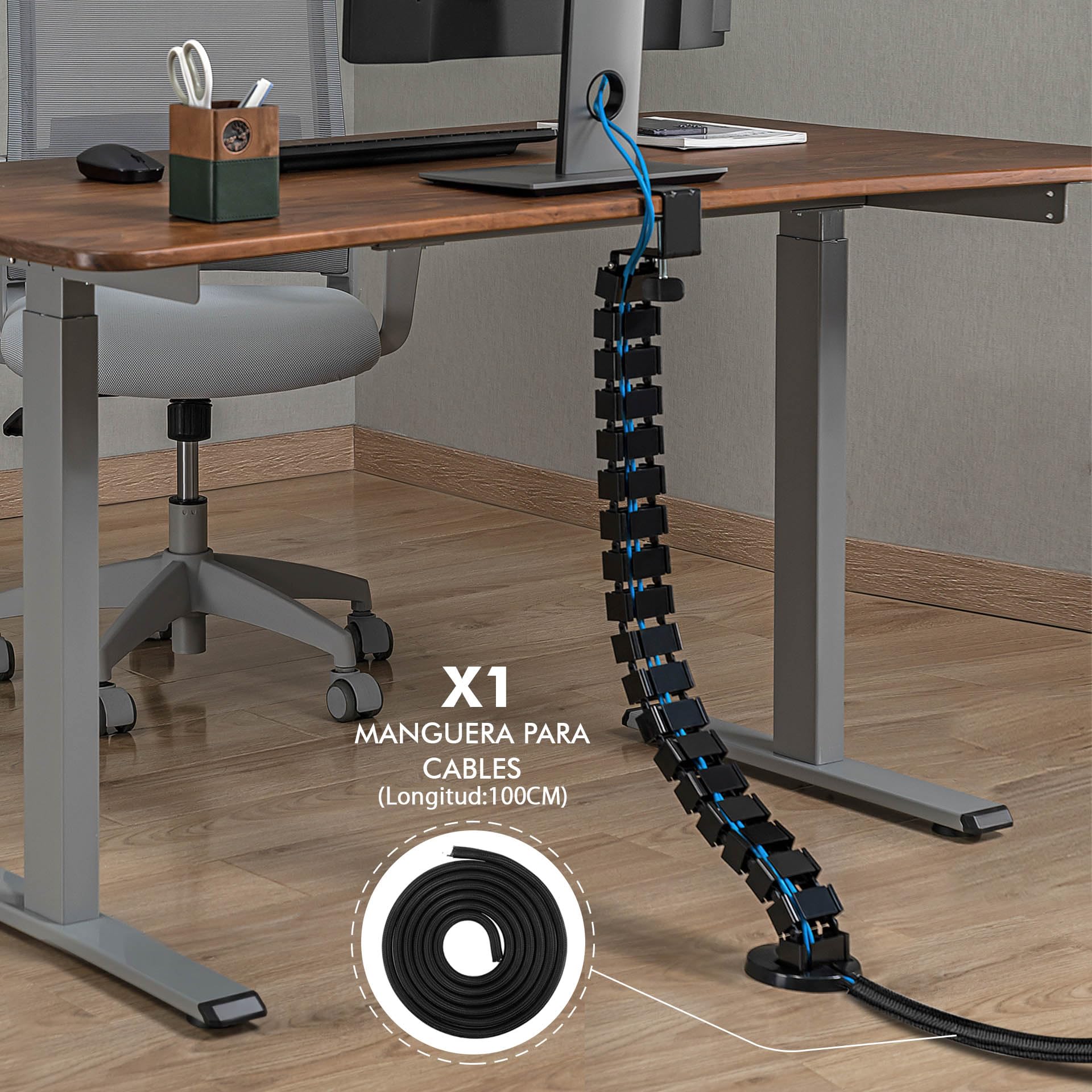 Mimoke Guía de cables de montaje con abrazadera para escritorio regulable en altura Longitud flexible del conducto de cables 1347mm Gestión de cables angular Kuba Slim montaje con abrazadera Negro