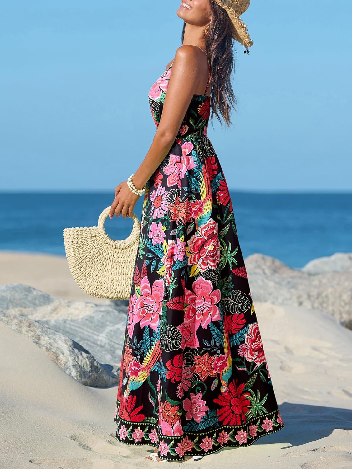 CUPSHE Women's Summer Dresses Casual Spring V Neck Sleeveless Floral Beach Vacation Long Spaghetti Strap Flowy Maxi Dress - Image 4