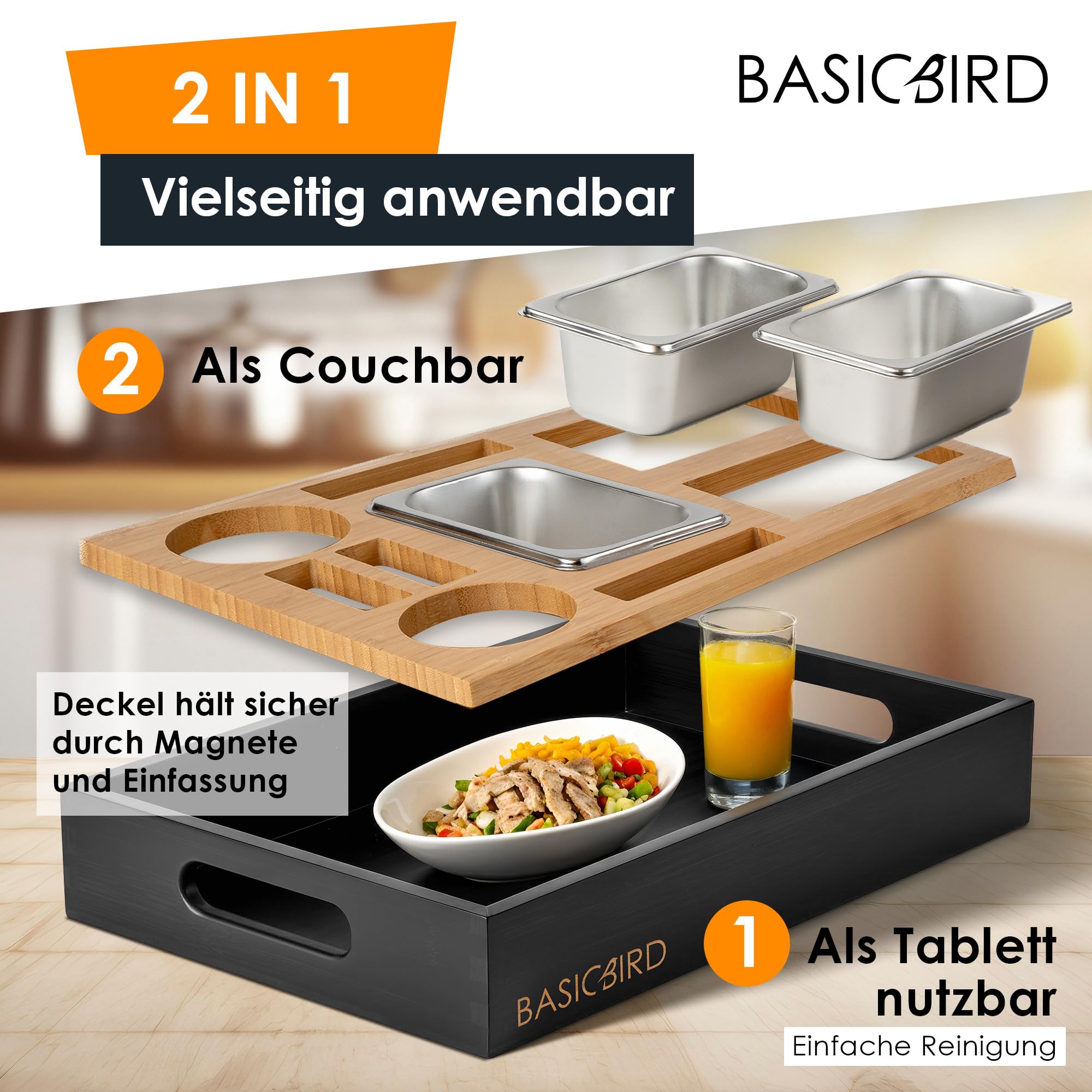 BASICBIRD® Couchbar Snackbox Organizer Tablett mit 3X Snackschale Holz Sofatablett Getränkehalter Schwarz