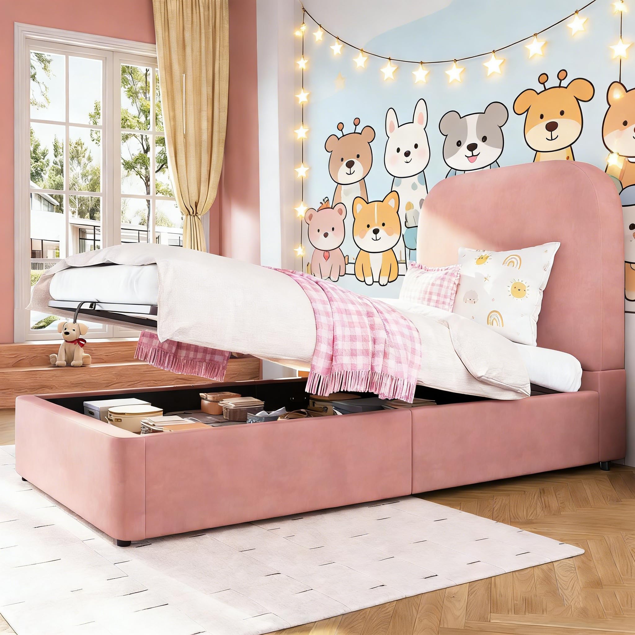 Jovify Upholstered Ottoman Bed with Storage, 3ft Single Bed Frame with Wooden Slats, Velvet Fabric Hydraulic Gas Lift-Up Storage Bed for Adults Kids Teenagers, No Box Spring Needed, No Mattress, Pink โ image 1