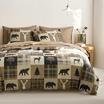 Wake In Cloud - Rustic Duvet Cover Set, Camping Christmas Farmhouse Western Patchwork Plaid Holiday Lodge Cabin RV Outdoor Wildlife Theme Bedding, 3-Piece, Burgundy Black, Queen Size