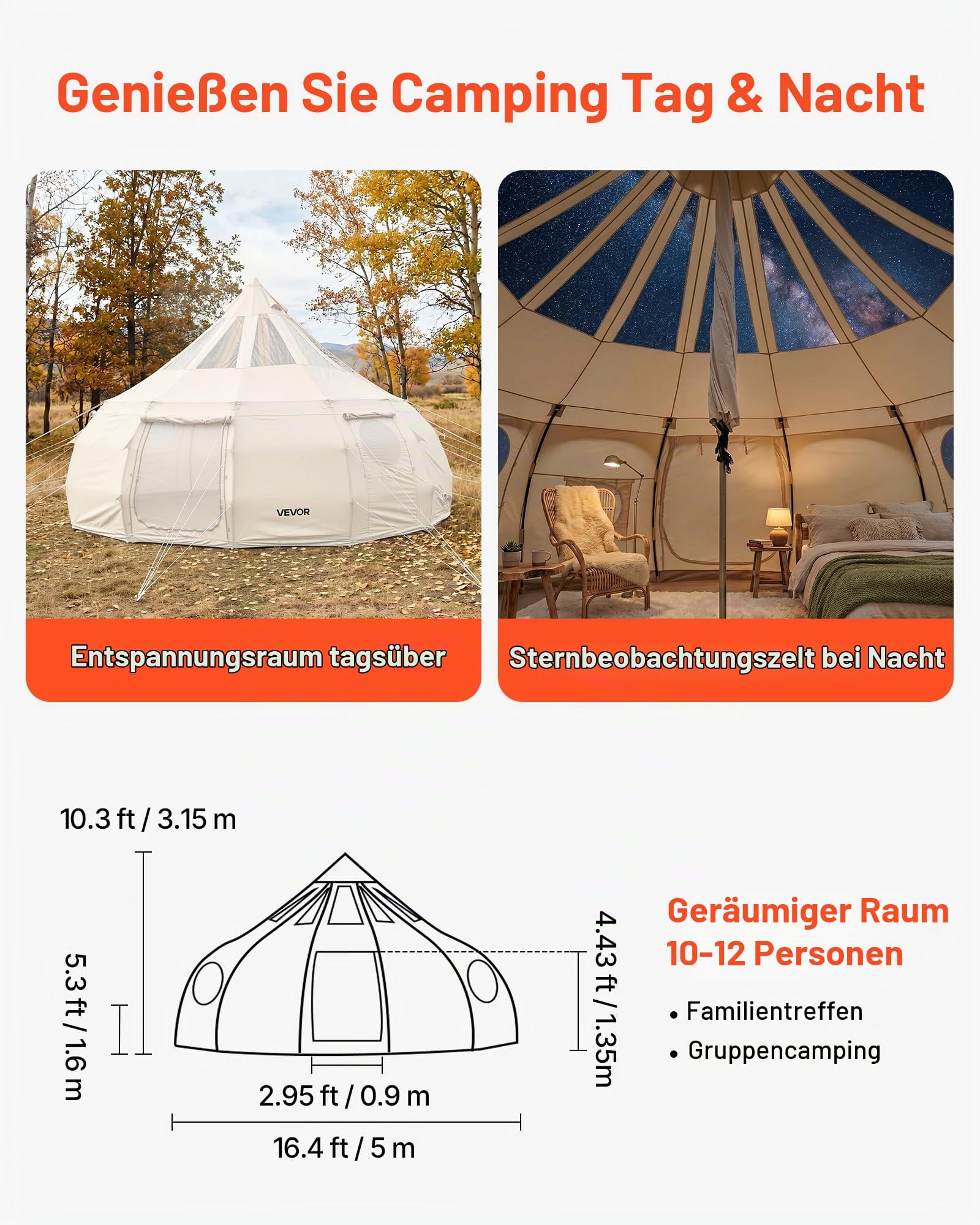 VEVOR Canvas-Glockenzelt, 5 m Jurte, 4 Jahreszeiten, mit Ofenrohrdurchführung & Regenhülle, Poly-Baumwoll-Gewebe, bis zu 12 Personen, für Familien-Camping, & Andere Outdoor-Aktivitäten, Beige