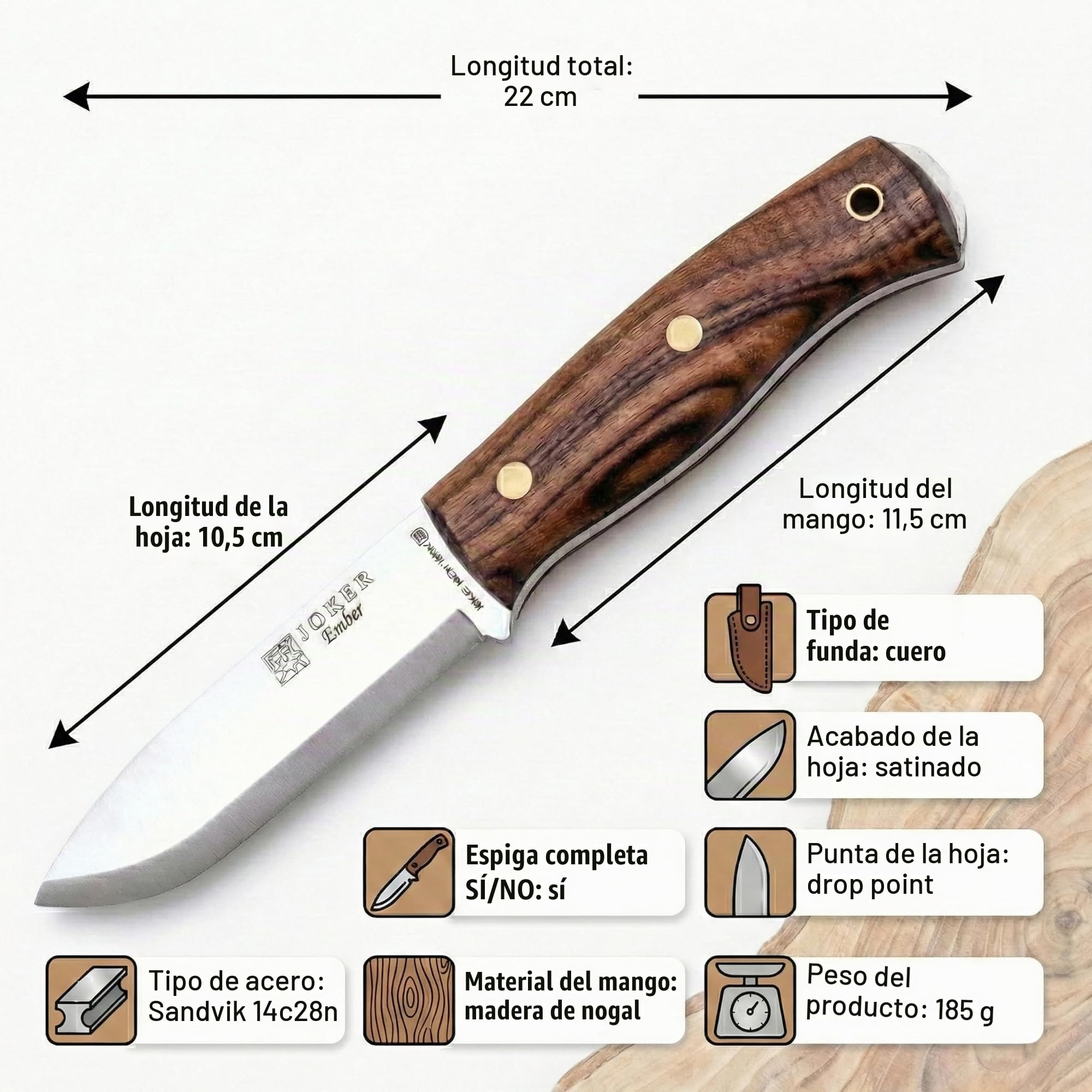Joker Cuchillo de monte y caza Ember Scandi CN122, hoja de 10,5 cms, mango Nogal, funda piel marrón, incluye paracord, Herramienta de pesca, caza, camping y senderismo