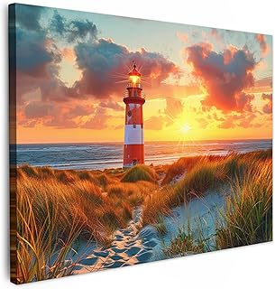 MuchoWow© Bilder 40x30 cm Wohnzimmer Deko Modern Wandbild Foto auf Leinwand Bild Schlafzimmer über Bett Room Decor Geschenke Leuchtturm - Sonnenuntergang - Dünen - Horizont