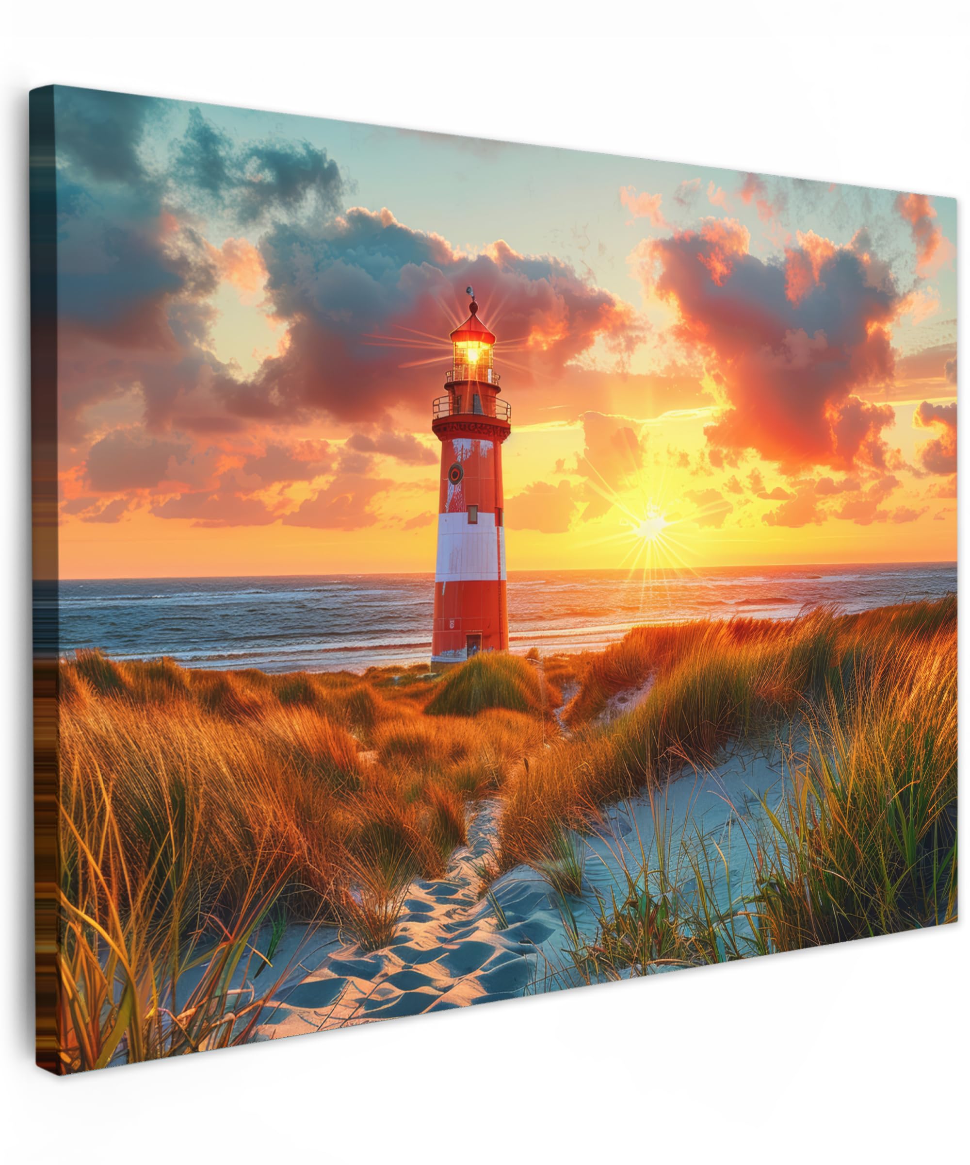 MuchoWow© Bilder 40x30 cm Wohnzimmer Deko Modern Wandbild Foto auf Leinwand Bild Schlafzimmer über Bett Room Decor Geschenke Leuchtturm - Sonnenuntergang - Dünen - Horizont