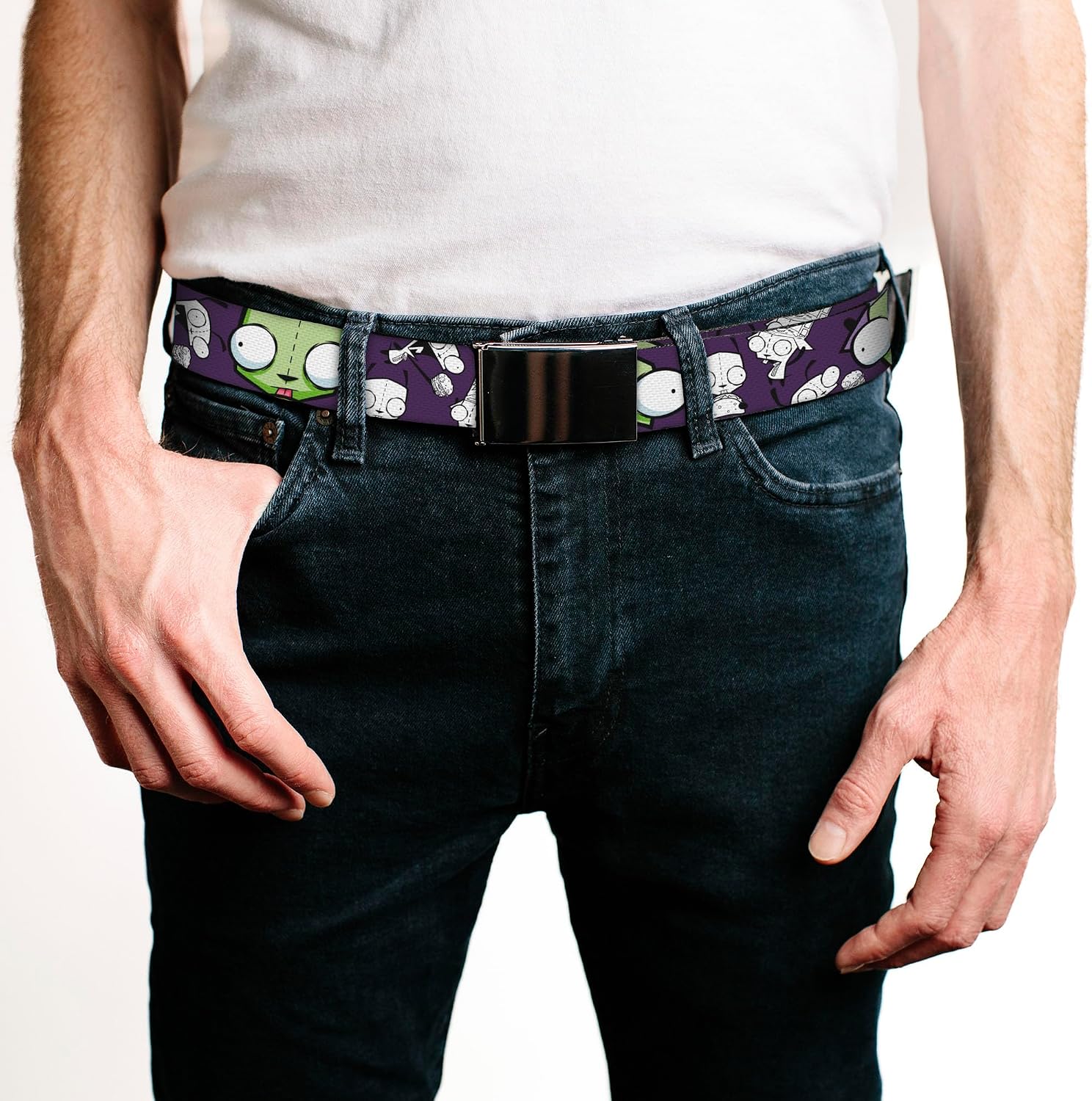 Adjustable Belt, Clamp Buckle, Cut-to-Fit, Invader Zim Gir Poses and Sketch Purple