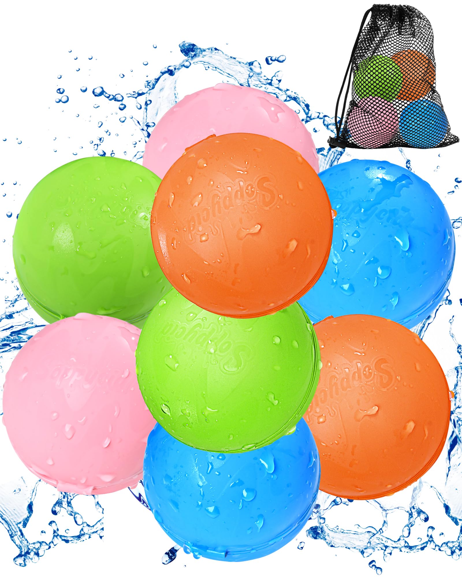 SOPPYCID Multicolored Reusable Water Bomb Balloons,Pool Outdoors Summer Party Grasslands Toys Gifts,Automatic Water Filling Balloons for 3+ Years Old Boys Girls Adults(8Pack)