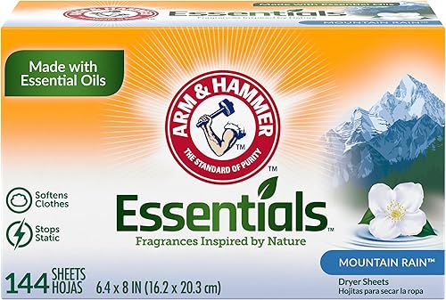 Arm & Hammer Essentials - Hojas suavizantes de tela, lluvia de montaña, hechas con aceites esenciales, 144 unidades