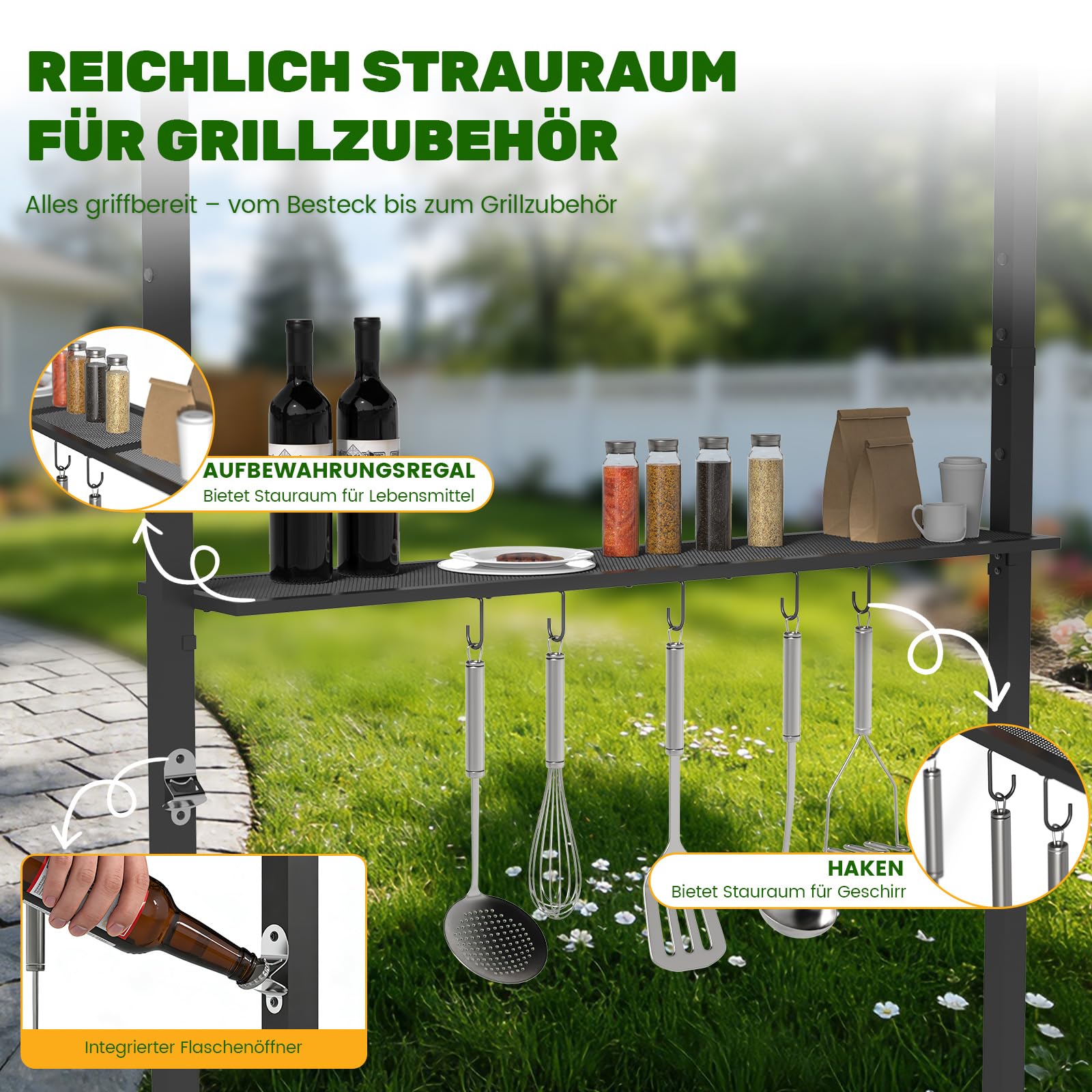 Huracan Grillpavillon mit Doppeldach, Wetterfest Gartenpavillon Grillüberdachung, Gartenlaube mit Seitenregalen, Flaschenöffner & Haken, UV-Schutz Belüftetes Dach, Grillunterstand BBQ Pavillon Party